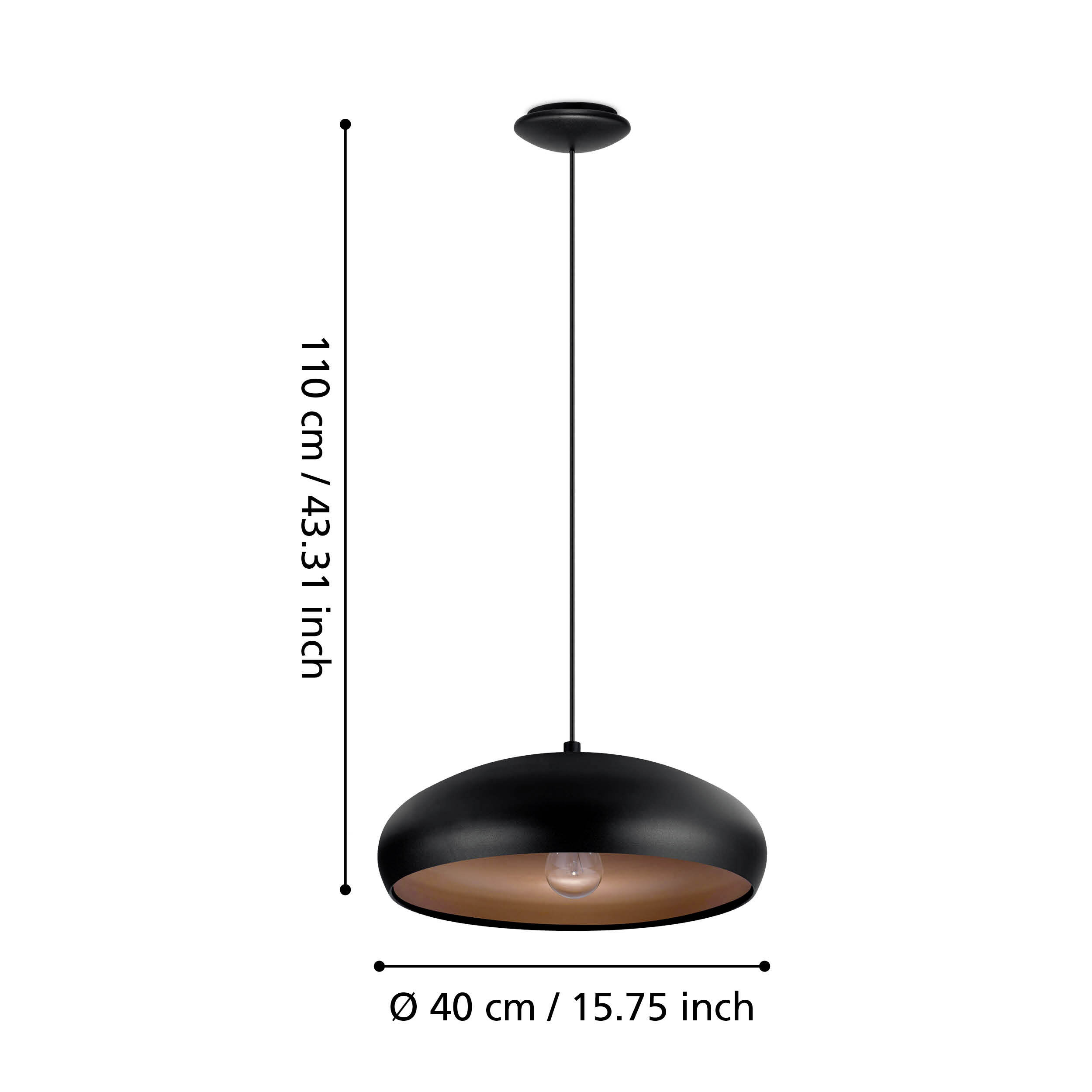 Schwarze Hängeleuchte mit kupferfarbenem Inneren, Ø 40 cm.