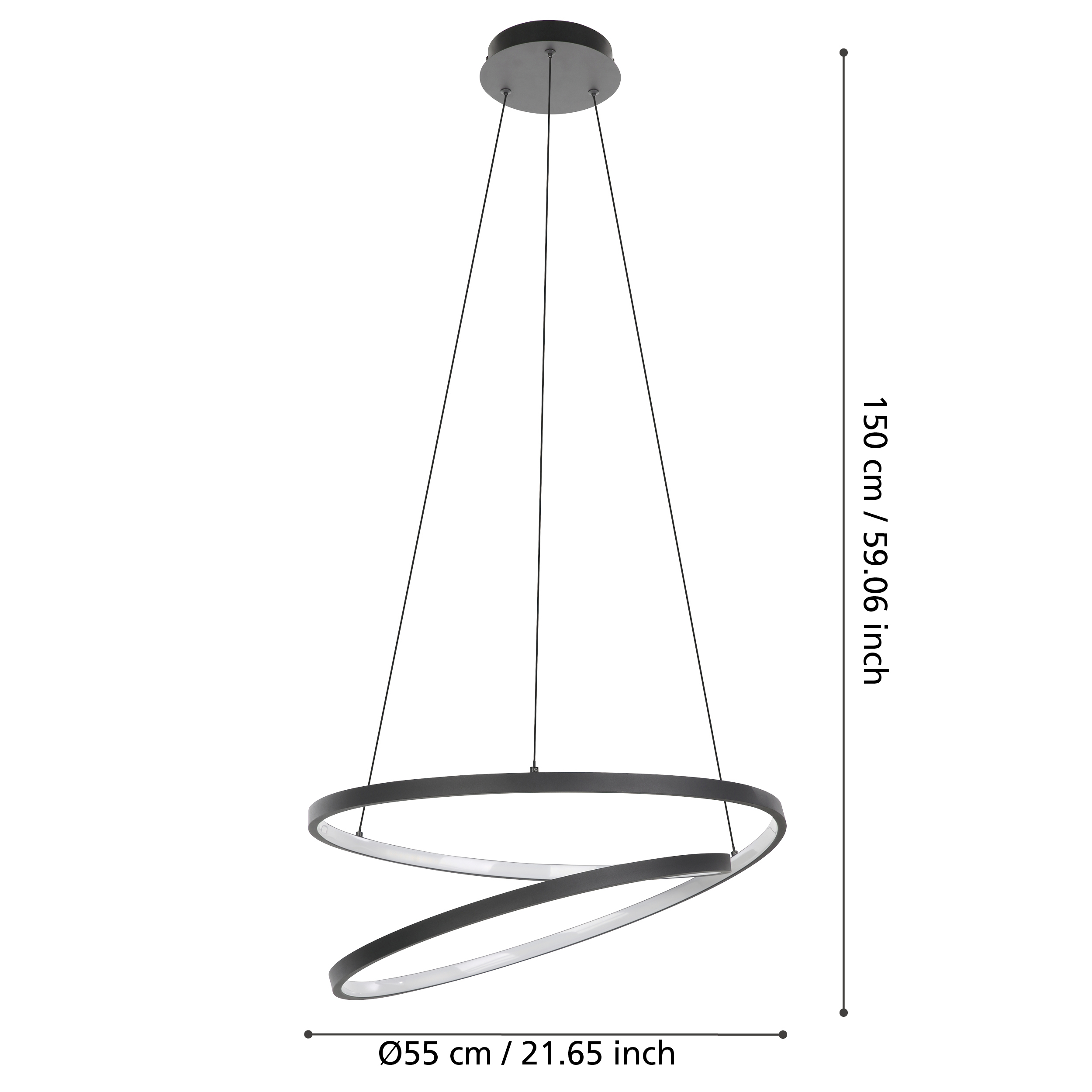 Moderne Pendelleuchte mit zwei verschlungenen Ringen in Grau.