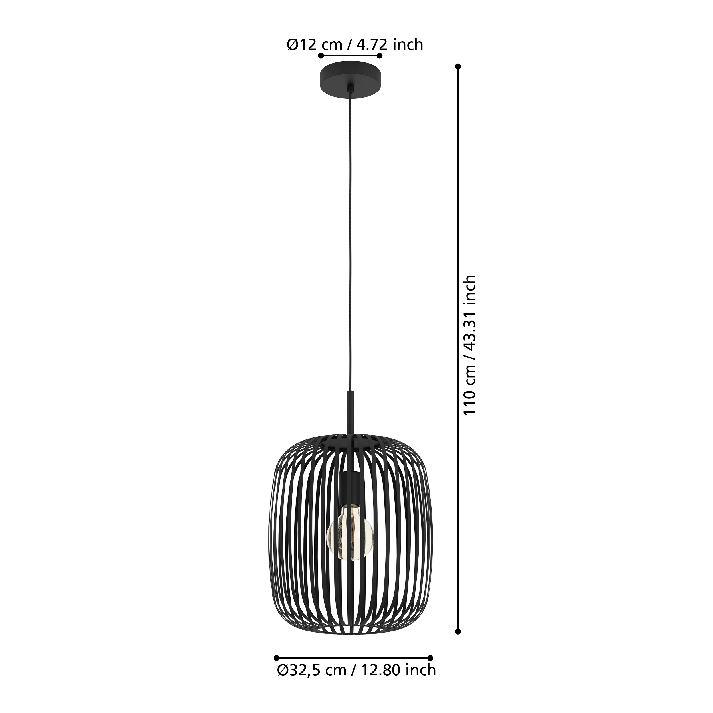 Zwarte hanglamp met open, mandvormige kap, met afmetingen aangegeven.