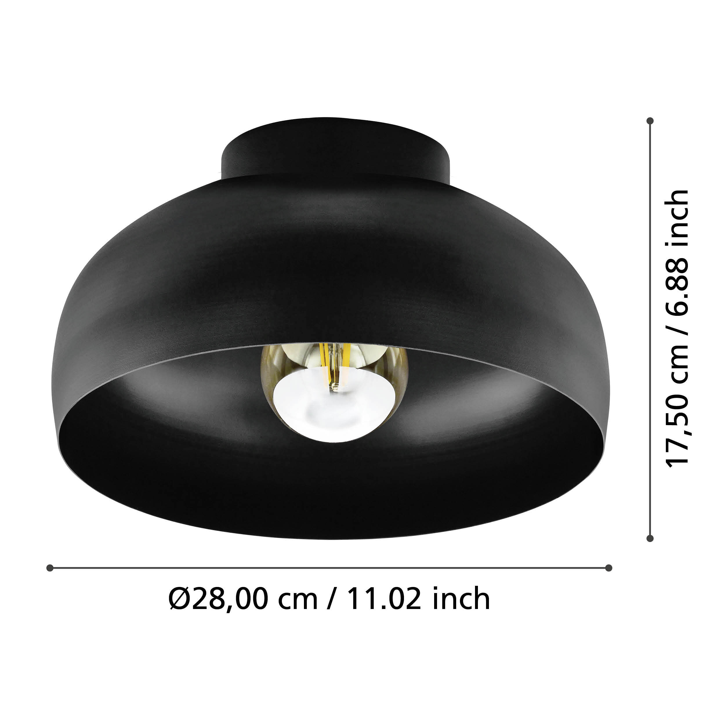 Lampada da soffitto nera con lampadina a vista e dimensioni.