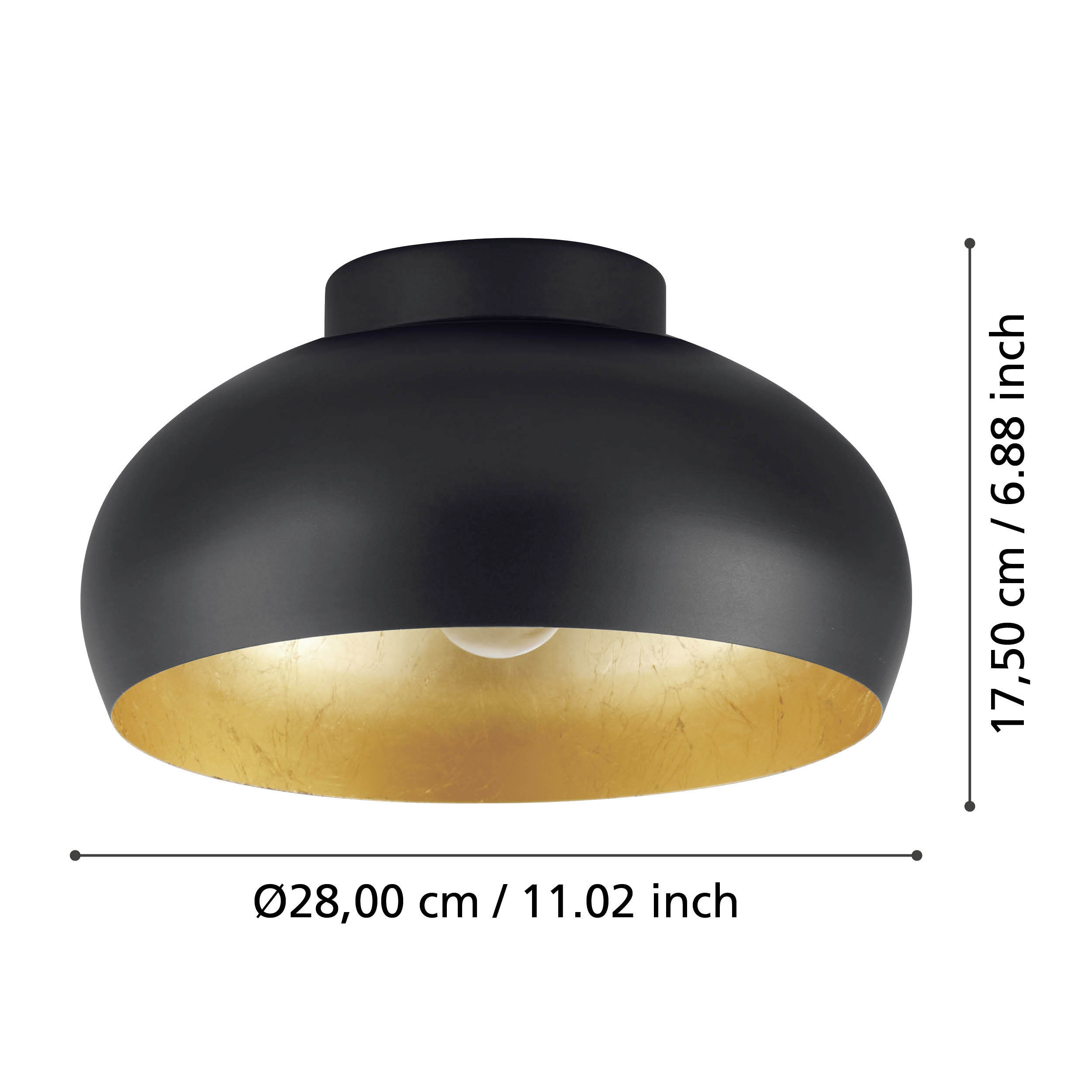 Plafoniera nera con interno dorato, larga 28 cm.