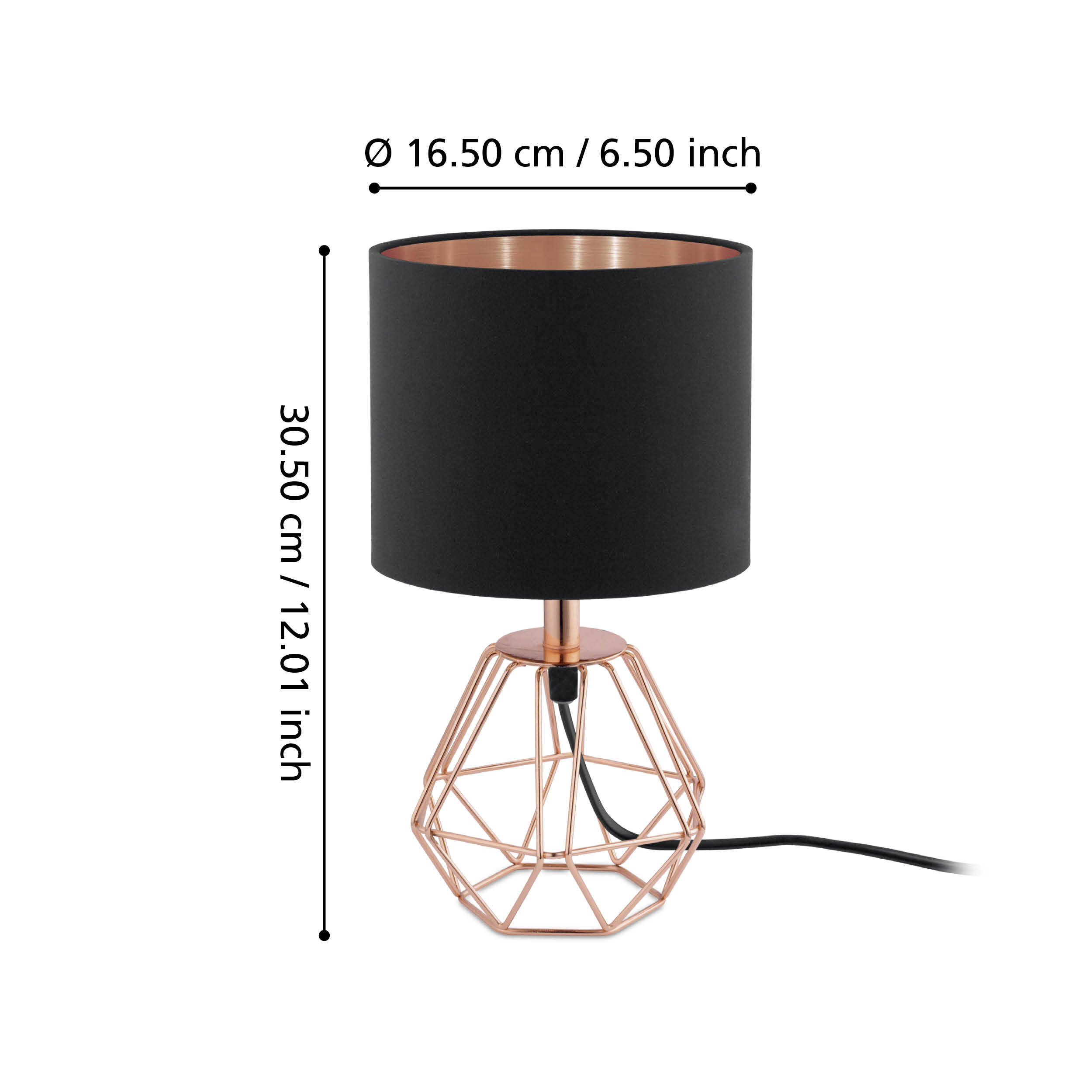 Lampada da tavolo nera con base geometrica color rame. Dimensioni: 30,5cm A, 16,5cm Ø.