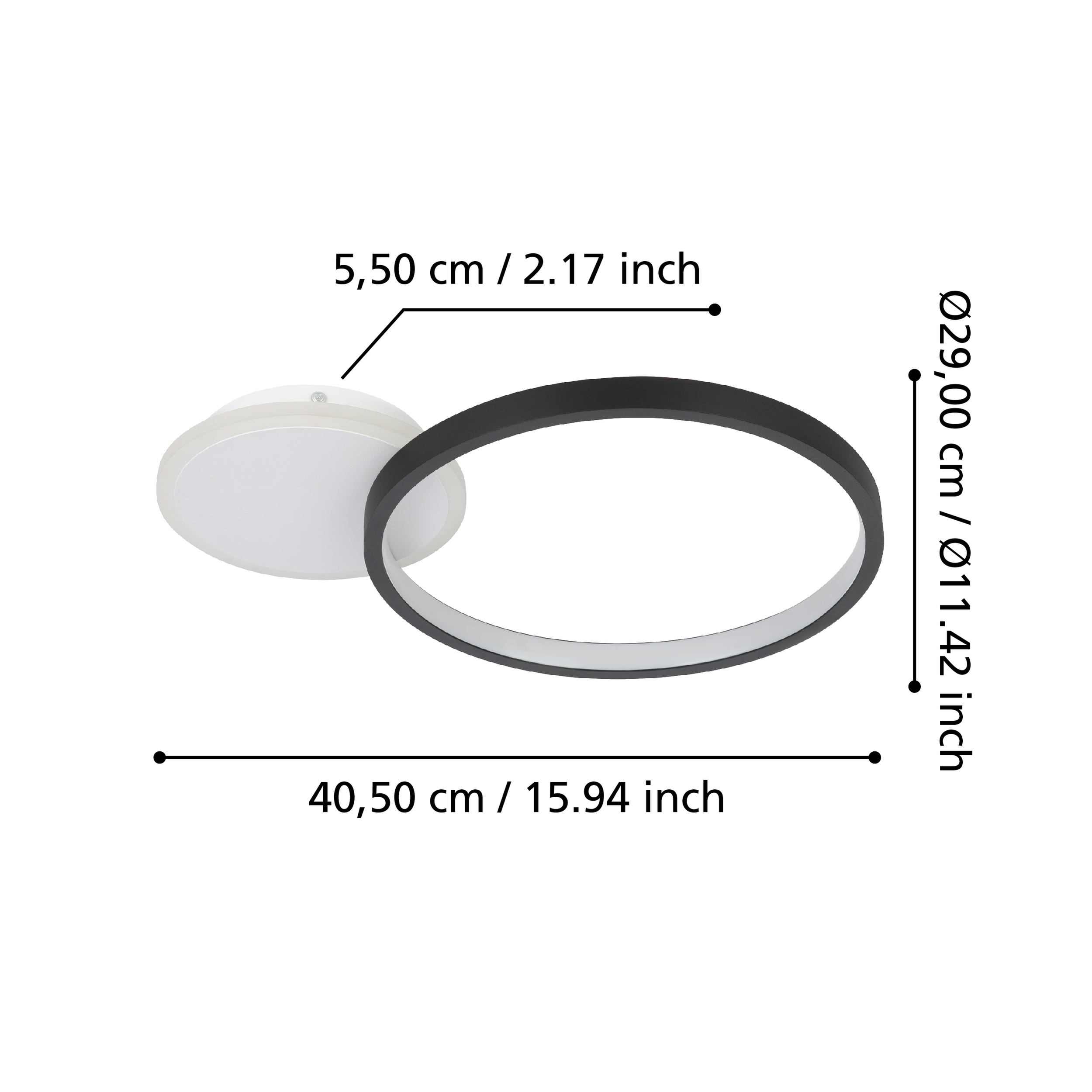 Moderne Deckenleuchte mit einem weißen und einem schwarzen Ring, Maße angegeben.