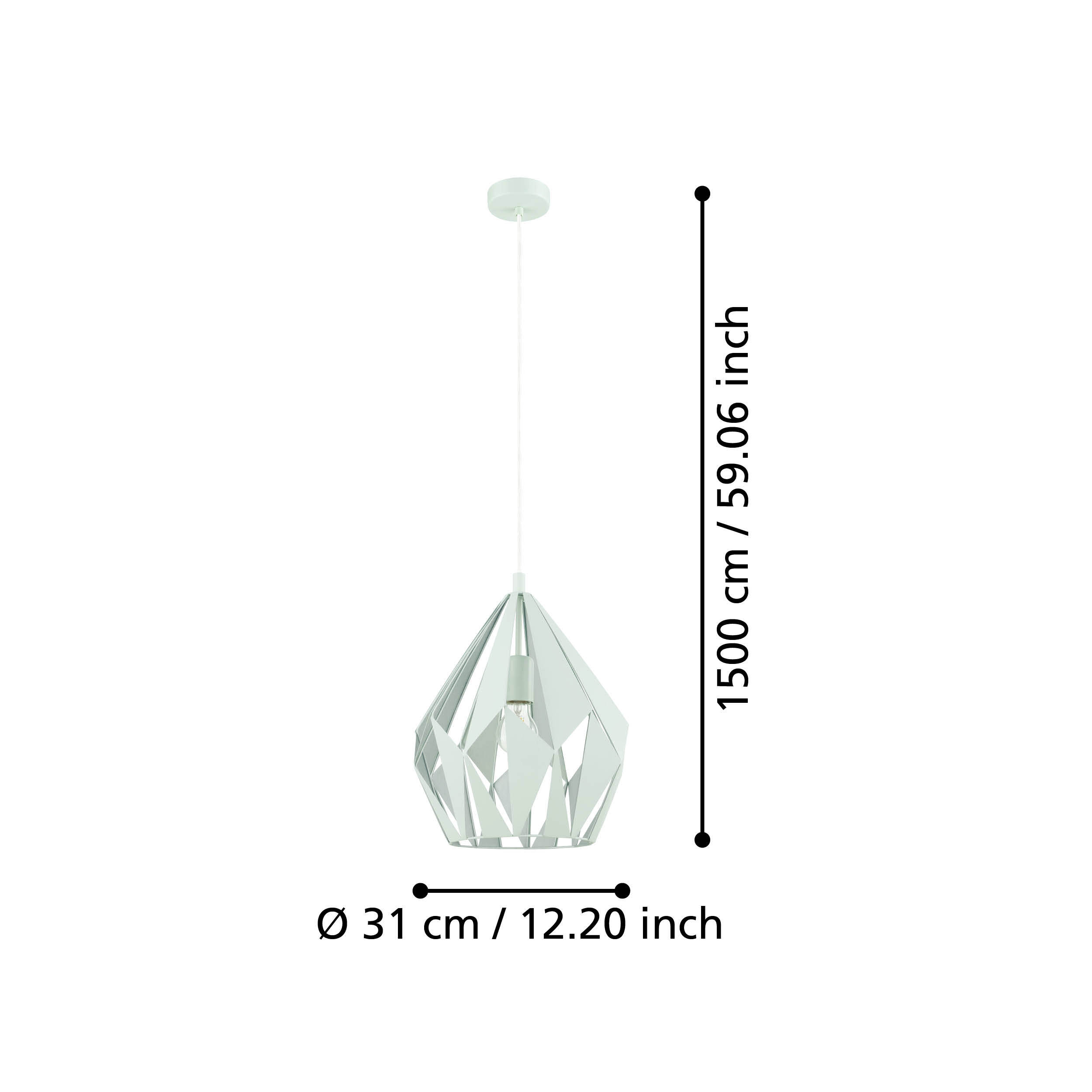 Una lámpara colgante blanca con pantalla facetada. Dimensiones: 150 cm de alto, 31 cm de ancho.