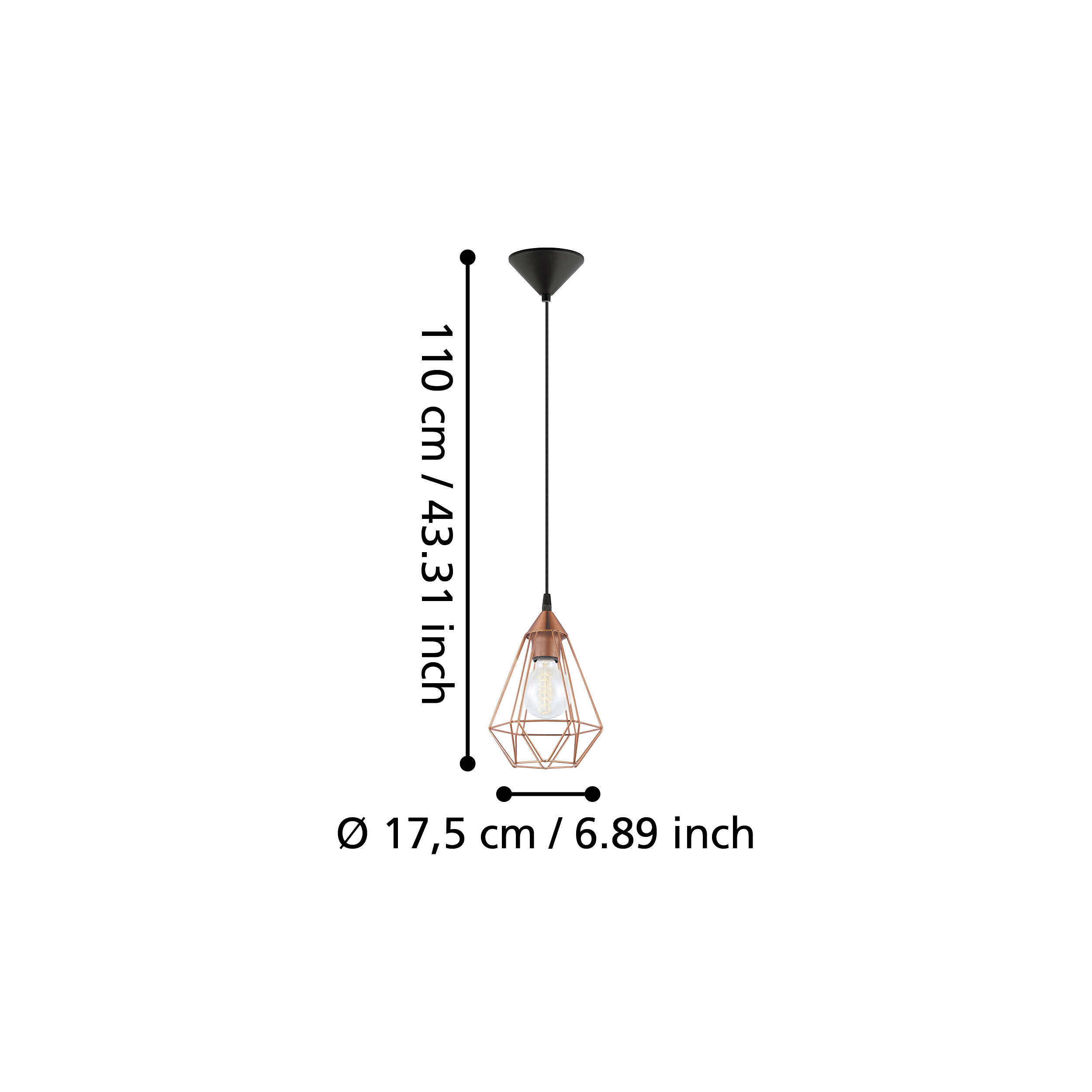 Eine Hängeleuchte mit einem geometrischen Drahtschirm und einer Glühbirne.