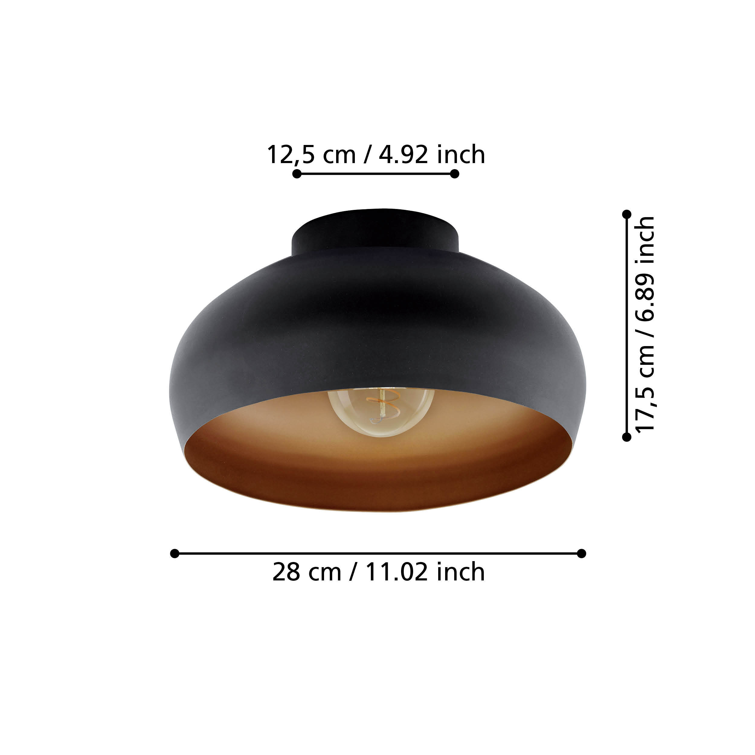 Lampada a sospensione nera con interno in bronzo, larga 28cm, alta 17.5cm.