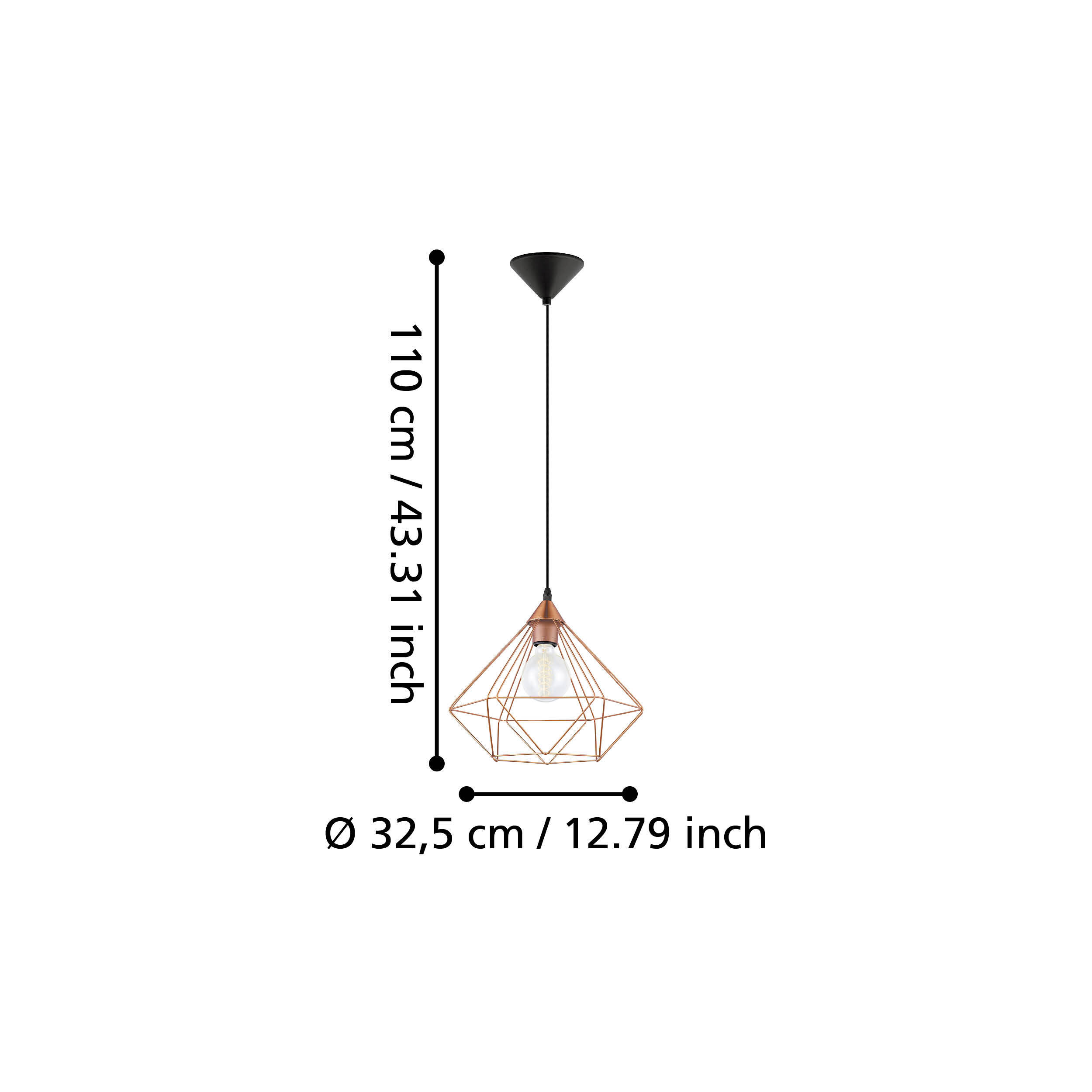 Una lampada a sospensione con paralume geometrico color rame e lampadina.