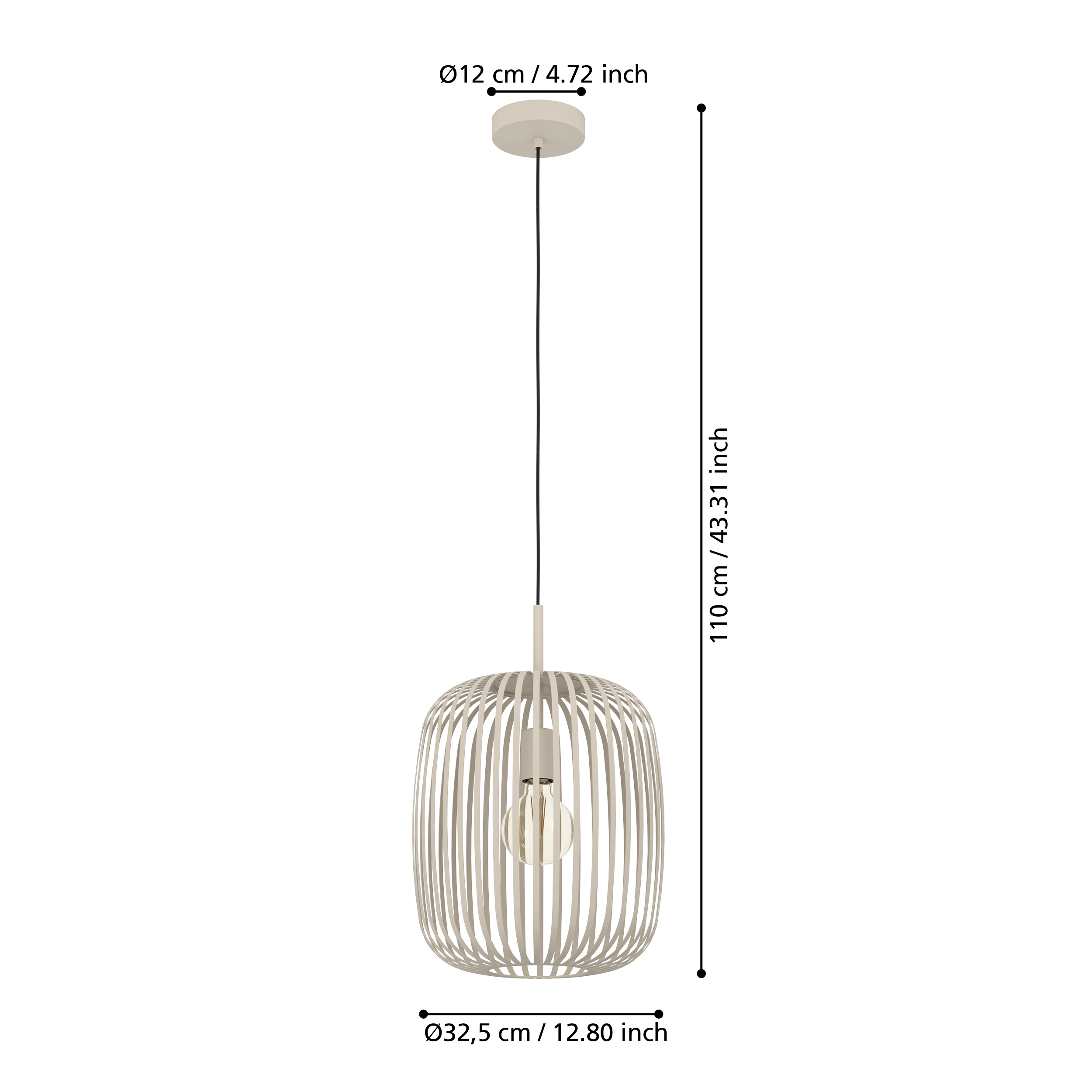Een witte hanglamp met verticale lamellen en een zichtbare gloeilamp.