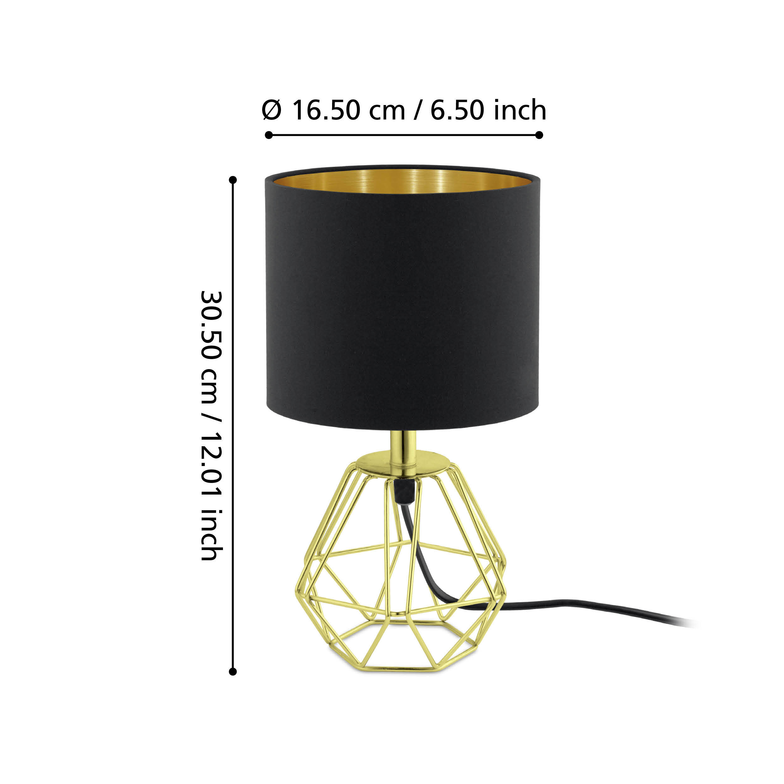 Lampada geometrica dorata con paralume e cavo neri. Altezza 30.5cm.