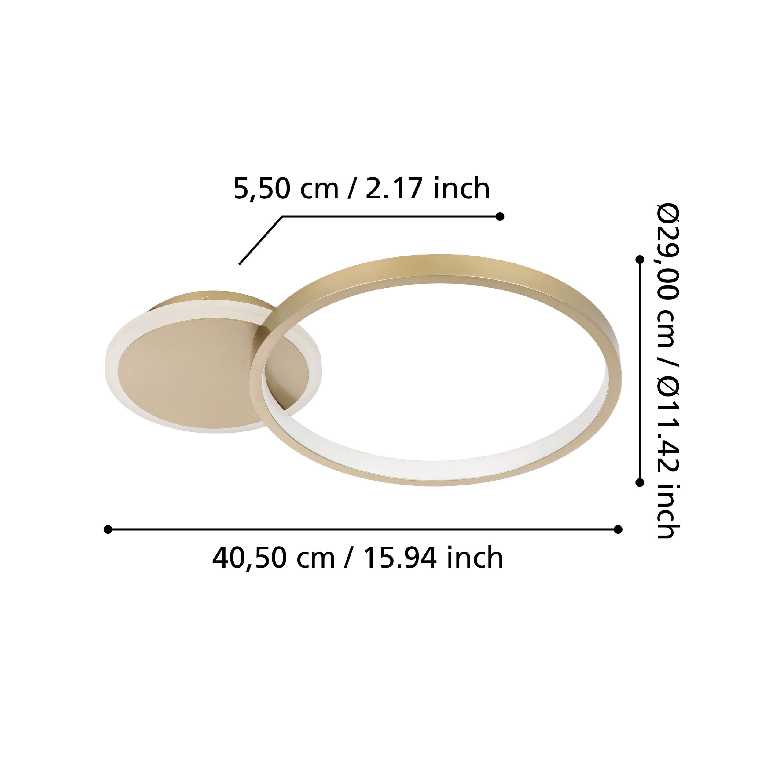 Goldene Ring-Lampe mit Maßen: 40,50cm L, 29cm Ø, 5,50cm H.