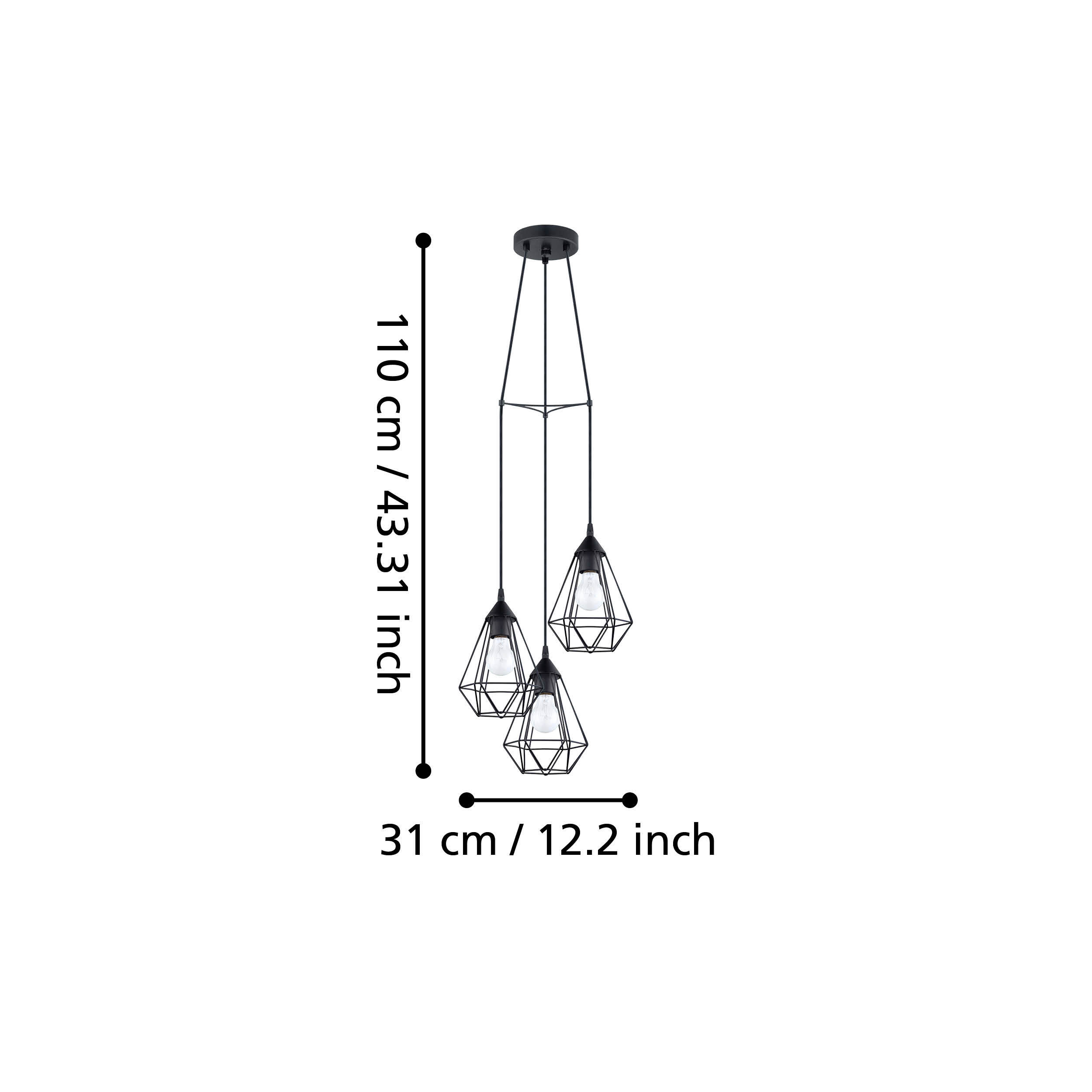 Lampadario nero con tre paralumi geometrici e lampadine.