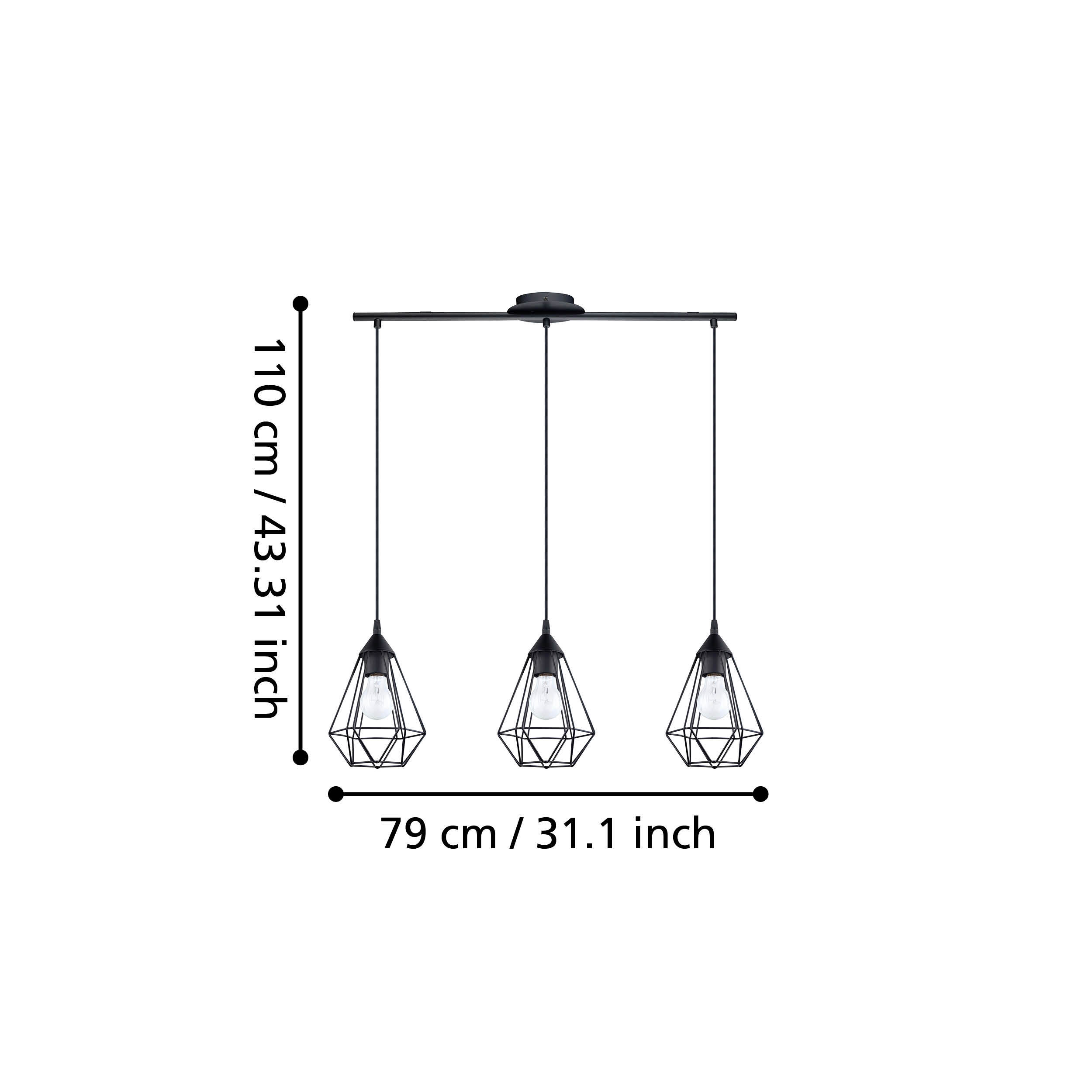 Un lampadario nero con tre paralumi geometrici. Dimensioni mostrate.