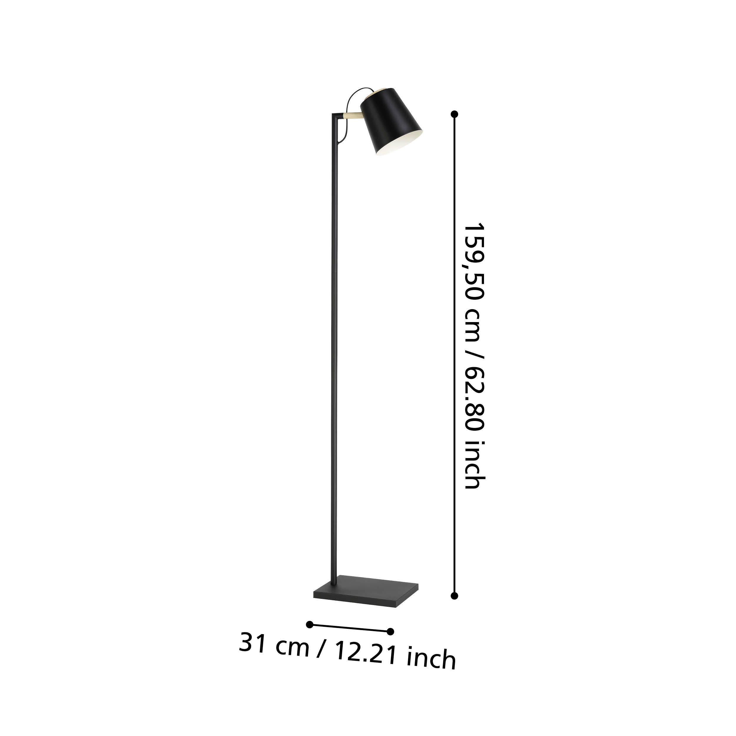 Ein schwarzer Stehleuchte mit Holzakzent, 159,50 cm hoch.