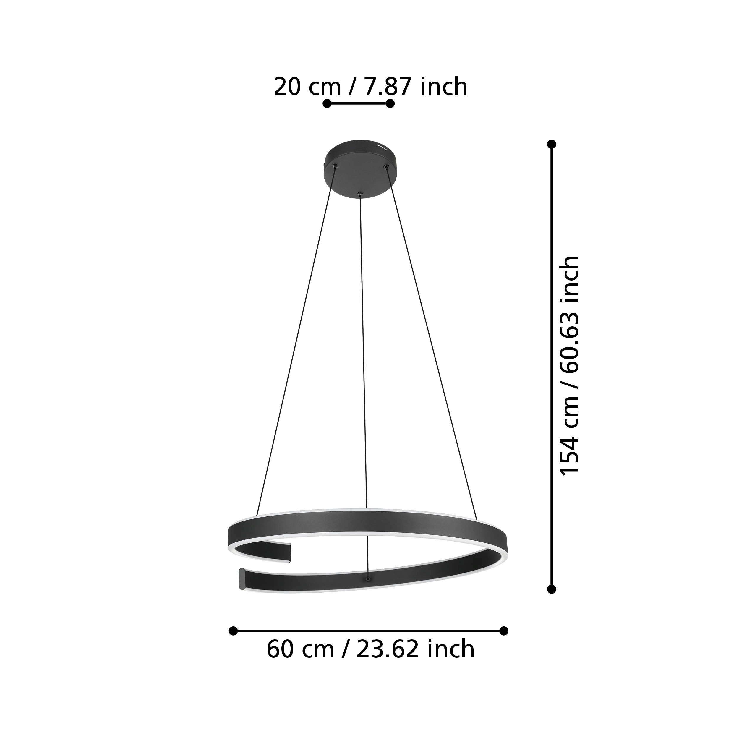 Moderner Ring-Pendelleuchter mit Maßen. Schwarzer Ring, weiße LED.