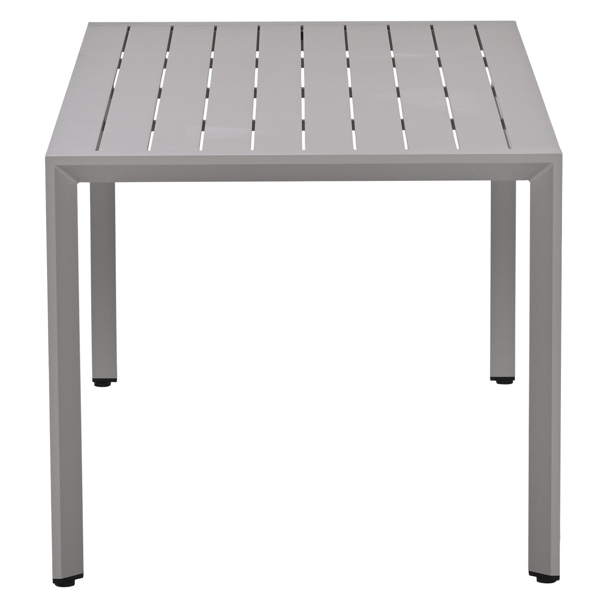 Een grijze rechthoekige tafel met een lamellenblad en vier poten.