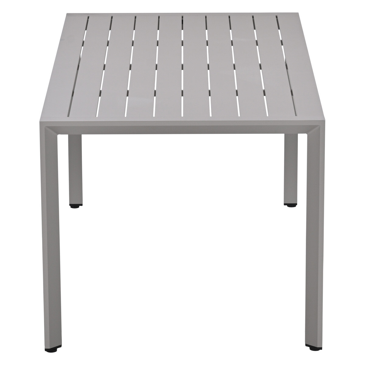 Grijze tafel met lamellenblad en vier poten tegen een witte achtergrond.