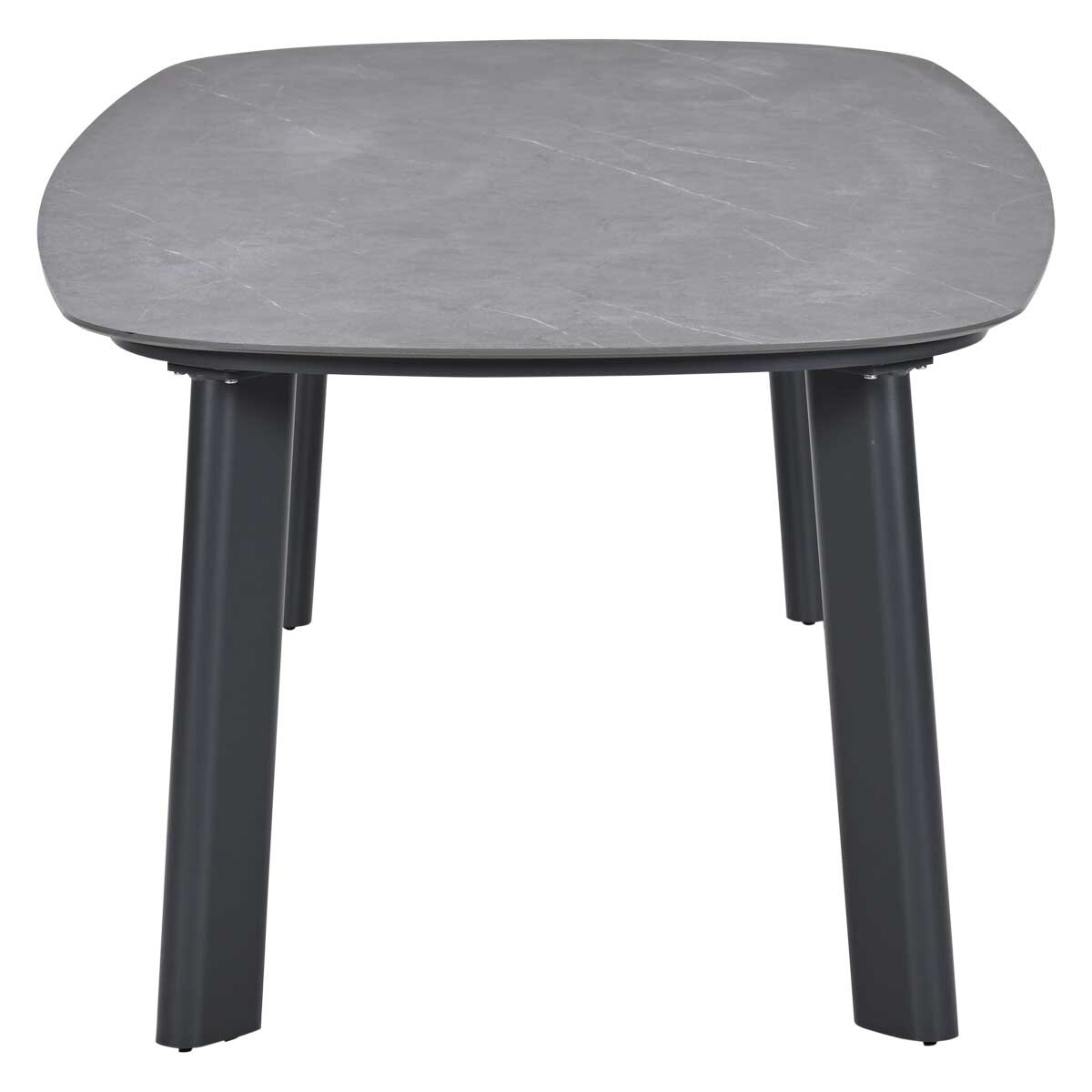 Een ronde grijze tafel met donkere poten op witte achtergrond.