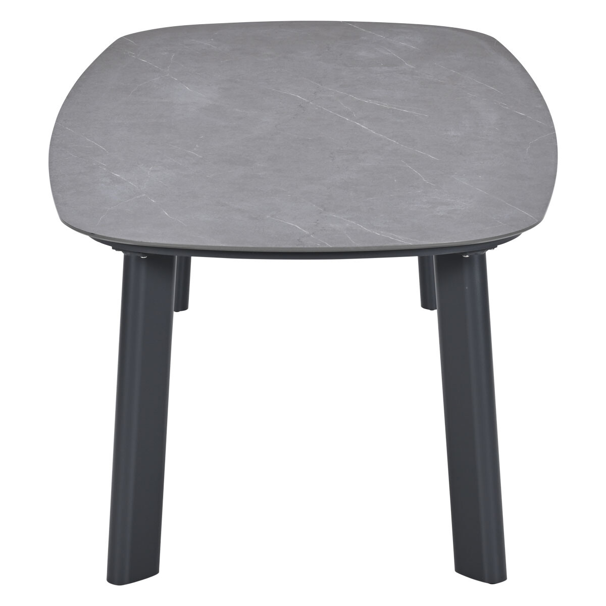 Grijze tafel met marmerpatroon en donkere poten.