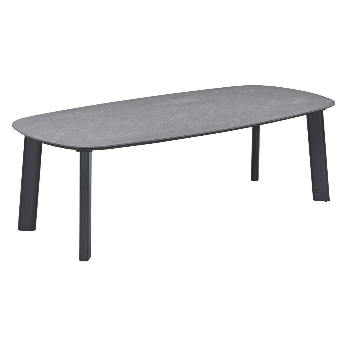 Een rechthoekige tafel met een grijs marmeren blad en donkere metalen poten.