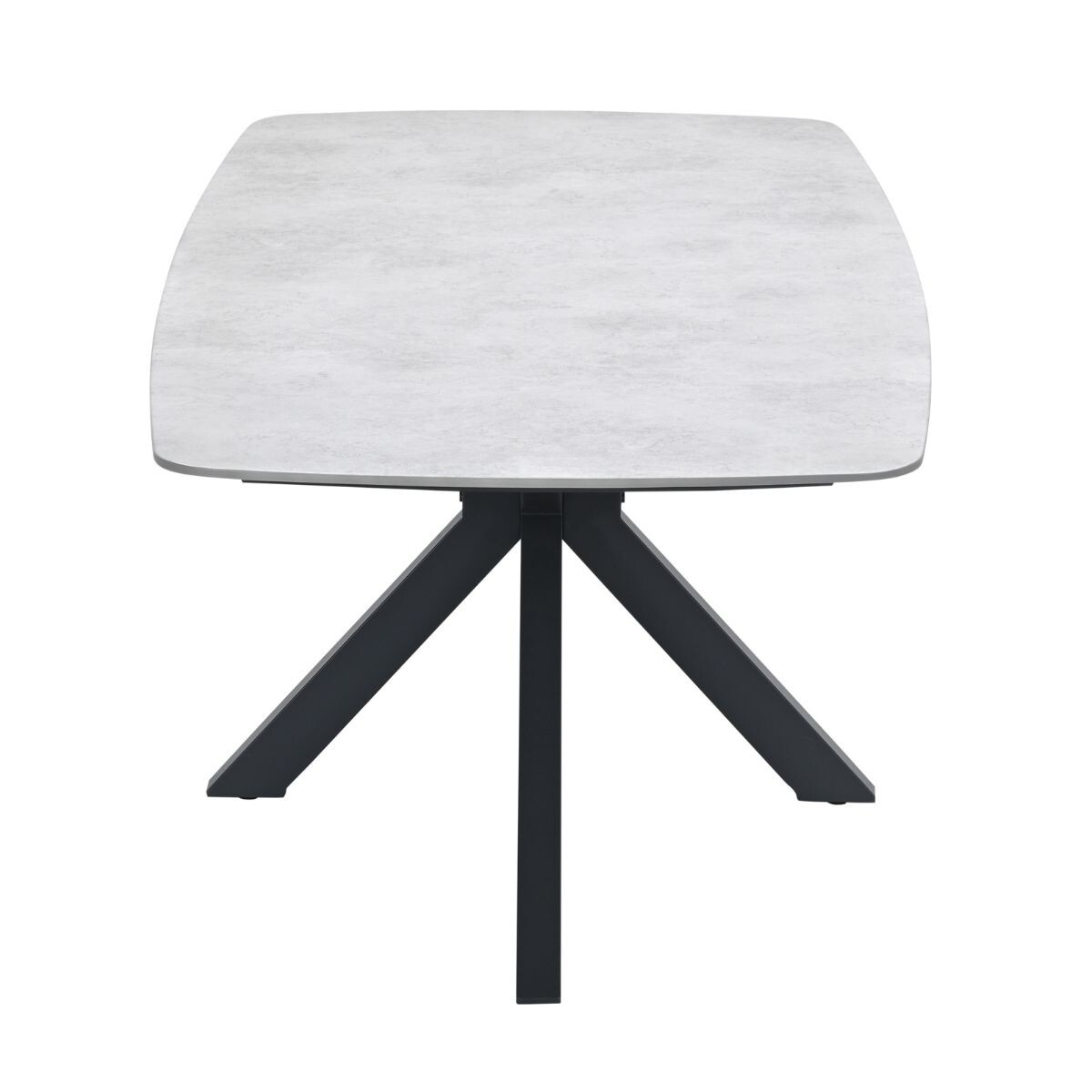 Een rechthoekige tafel met afgeronde hoeken en een grijs steenpatroon blad.
