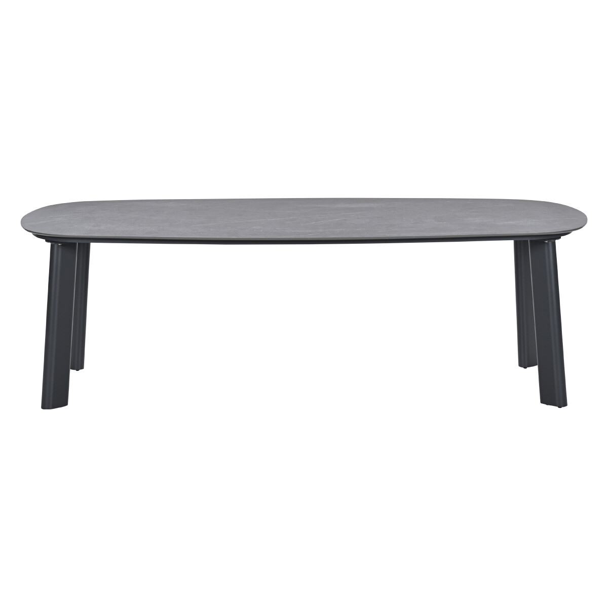 Een ovale grijze tafel met vier donkere poten op een witte achtergrond.