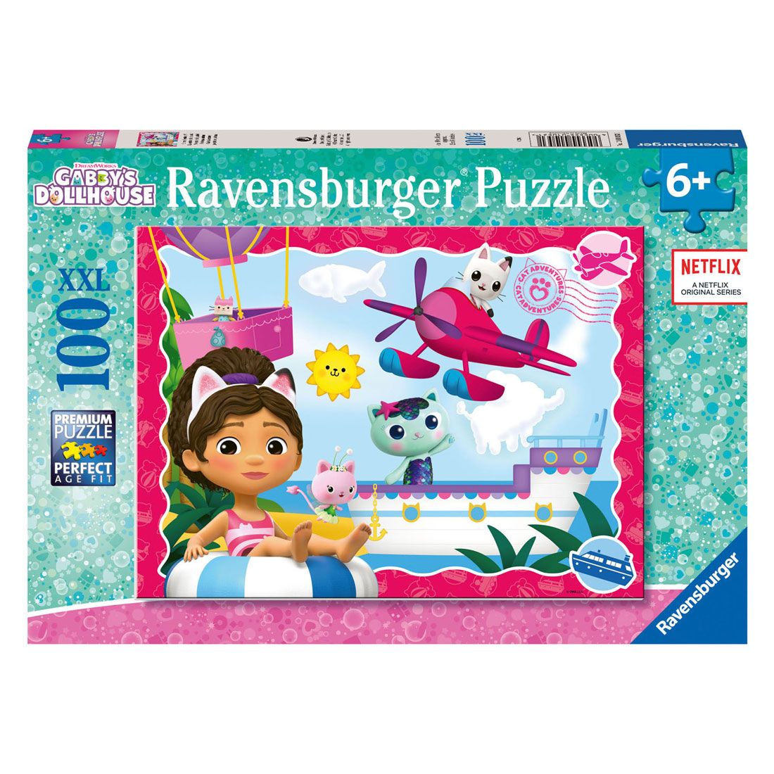 Puzzle Ravensburger Gabby's Dollhouse. Gabby, Pandy, Catnip e Cakey su una nave.