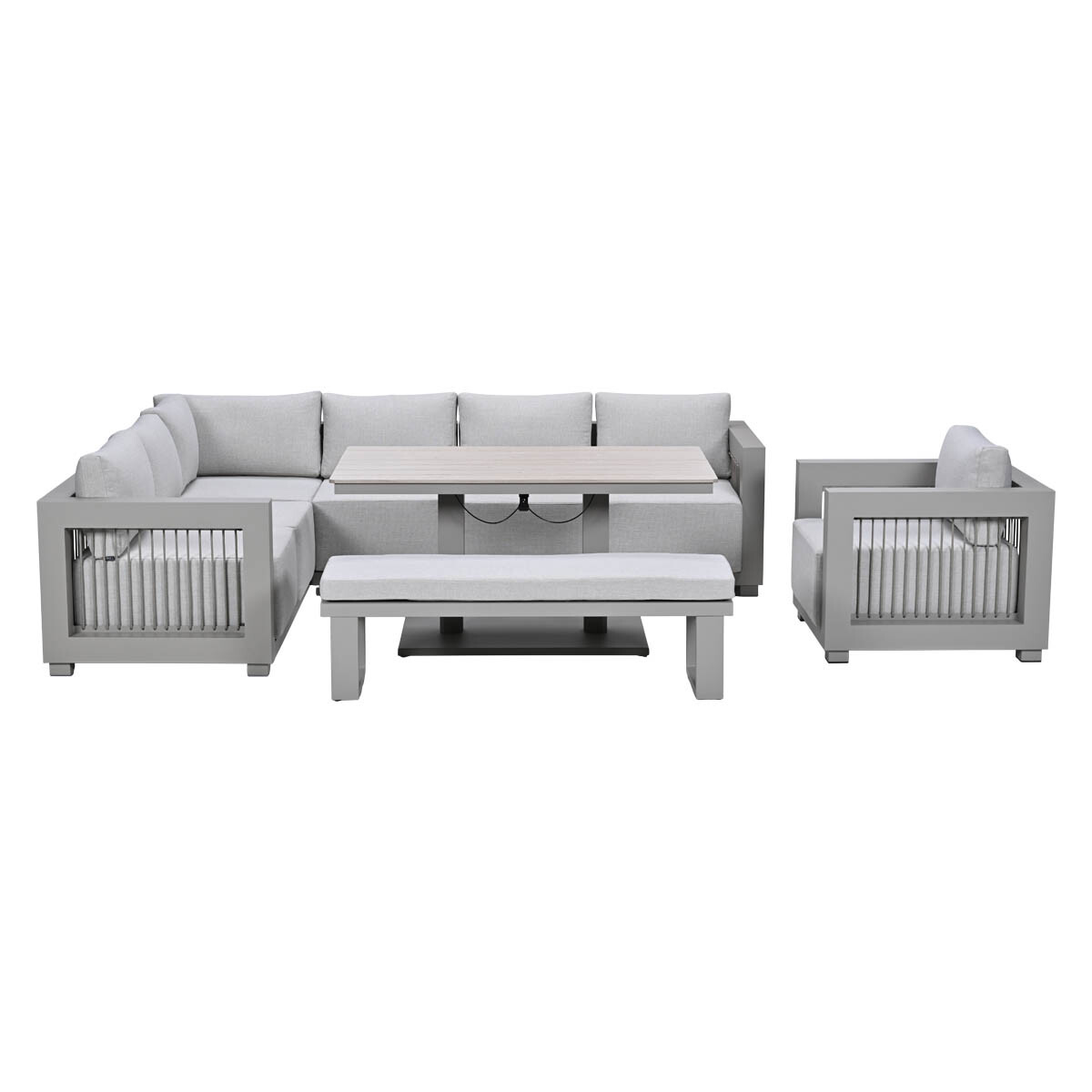 Grijze tuinmeubelset met tafel, bank, zitbank en fauteuil.