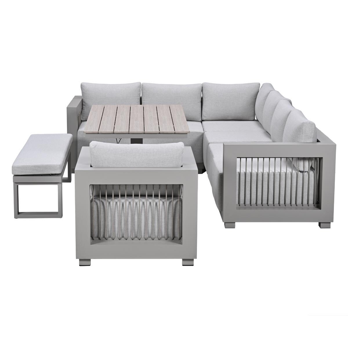 Grijze hoekbank met tafel en hocker, modern ontwerp met metalen frame.