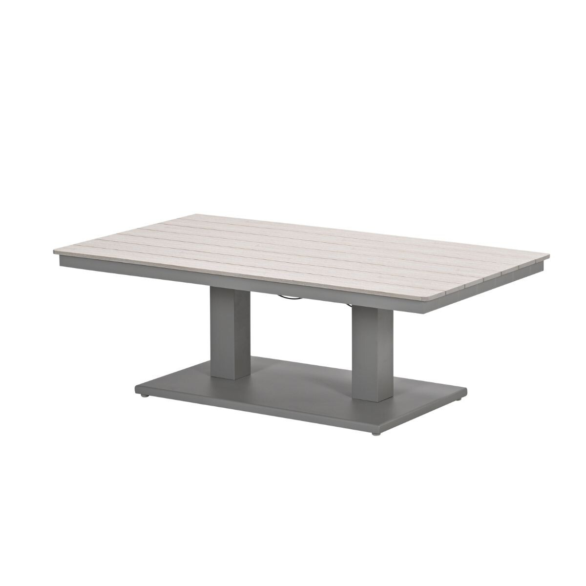Een rechthoekige tafel met grijze pilaarpoten en een lichtgrijs tafelblad van houten latten.