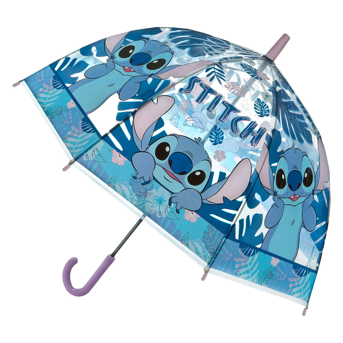 Un paraguas azul transparente con personajes de Stitch y motivos de hojas.