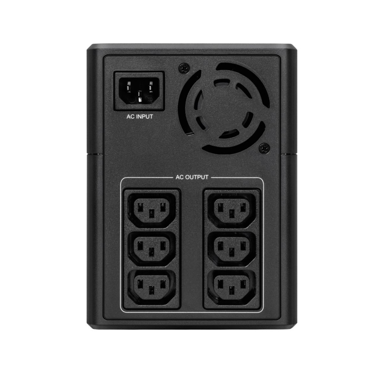 Tył czarnego urządzenia UPS z portami wejściowymi i wyjściowymi AC.