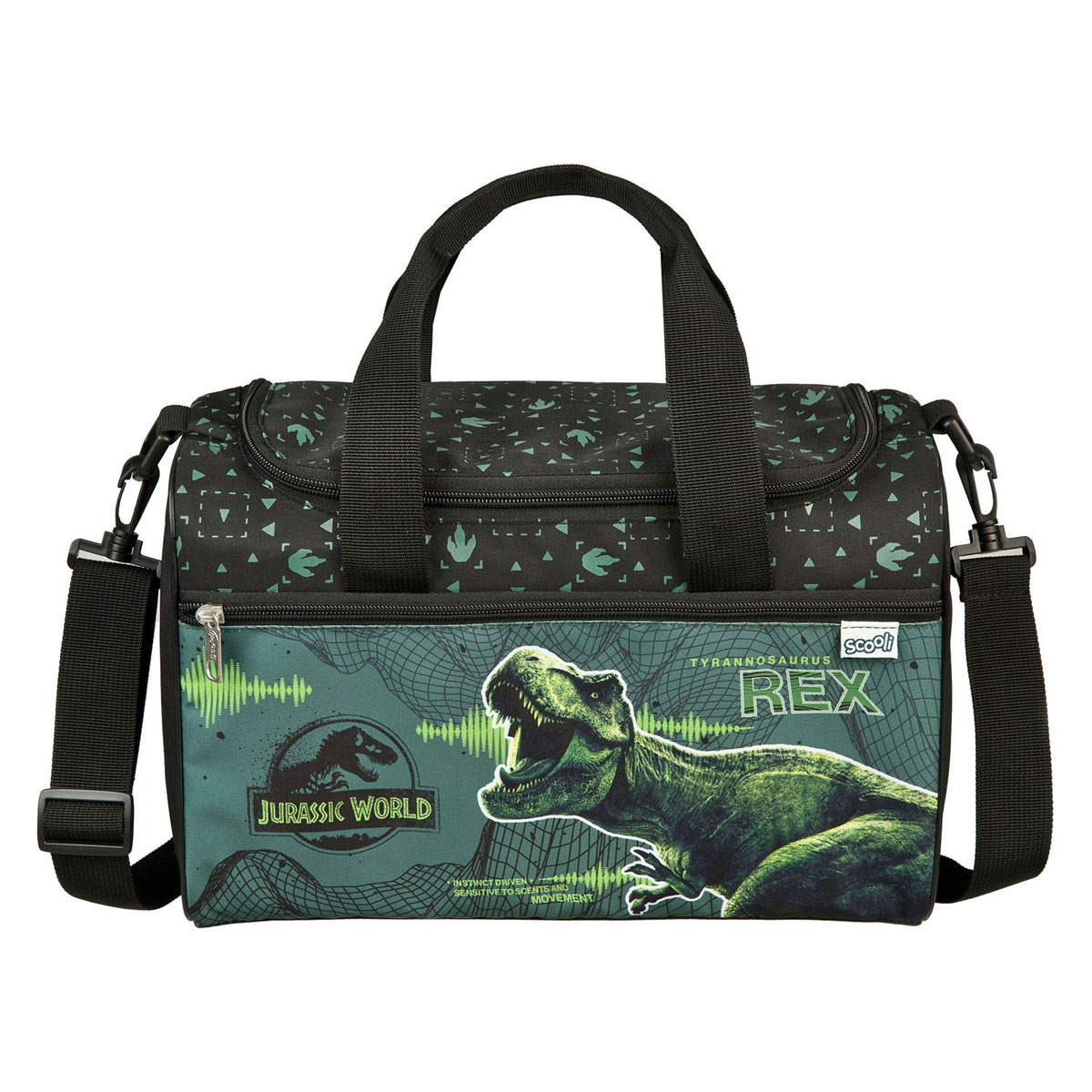 Een zwarte en groene sporttas met Jurassic World thema en T-Rex print.