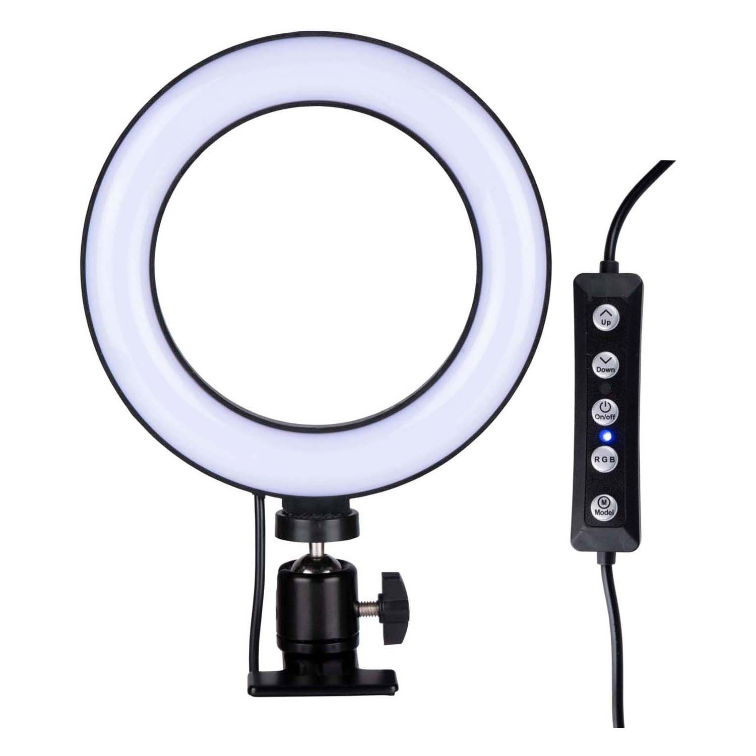 Une ring light blanche avec câble noir et télécommande à boutons.