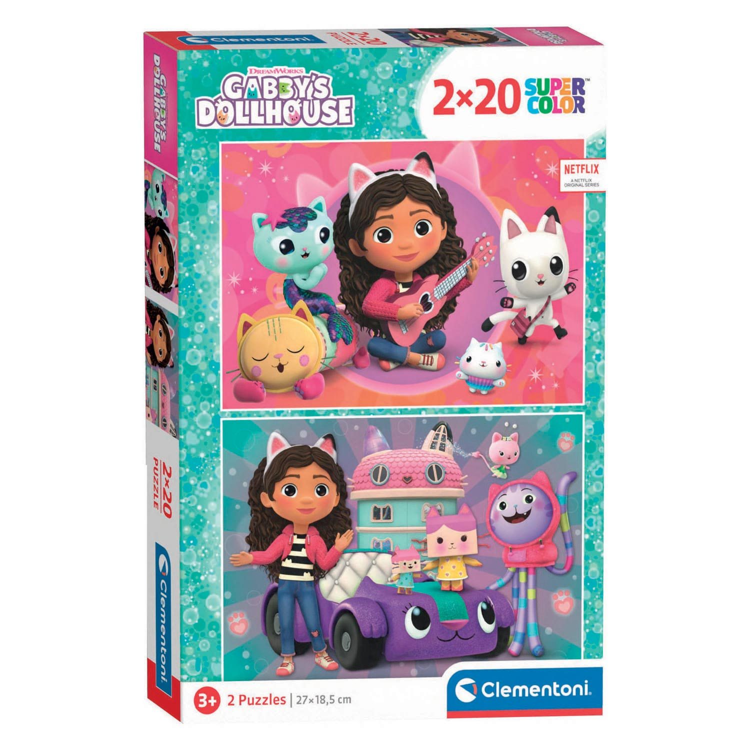 Caja de rompecabezas de Gabby's Dollhouse con personajes y coches.