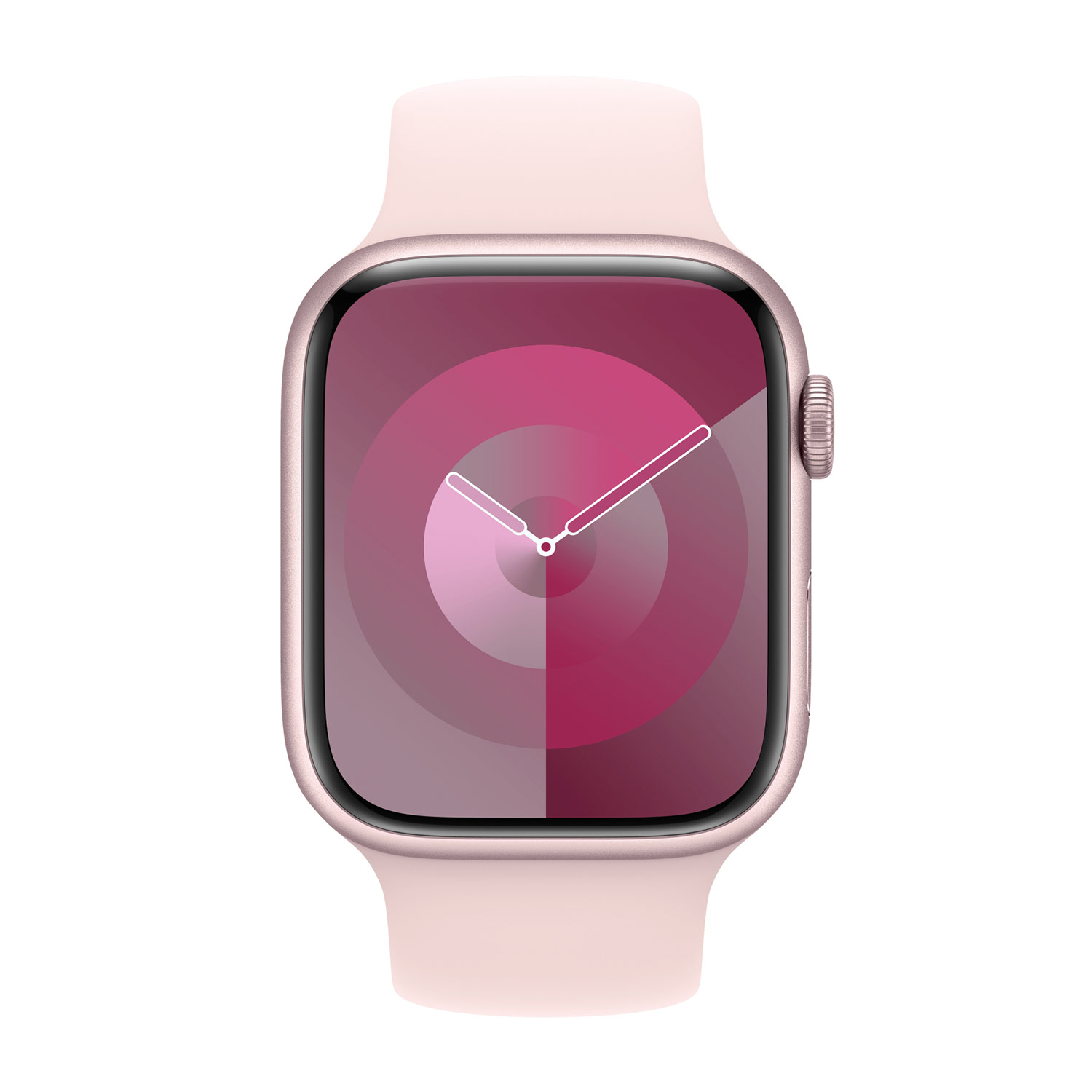 Uno smartwatch rosa con quadrante astratto sui toni del rosso.
