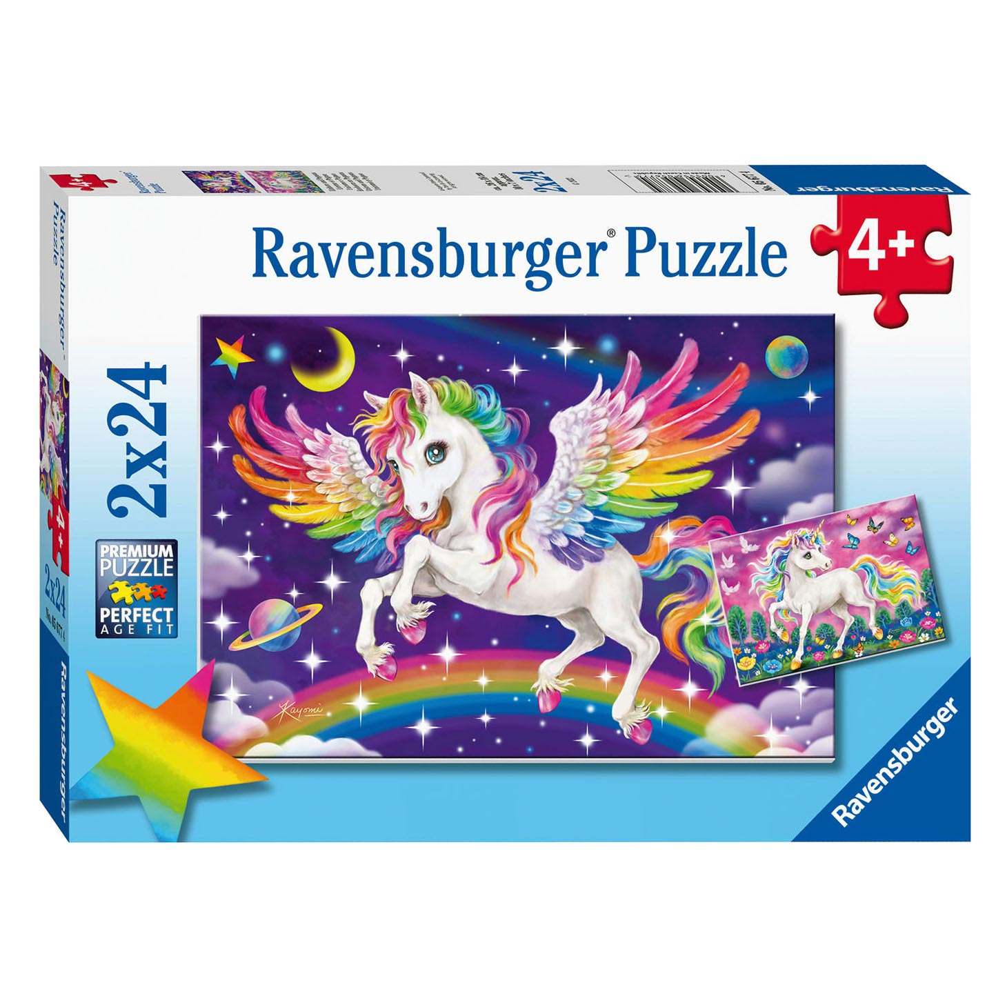 Puzzle Ravensburger con unicorno alato e arcobaleno.