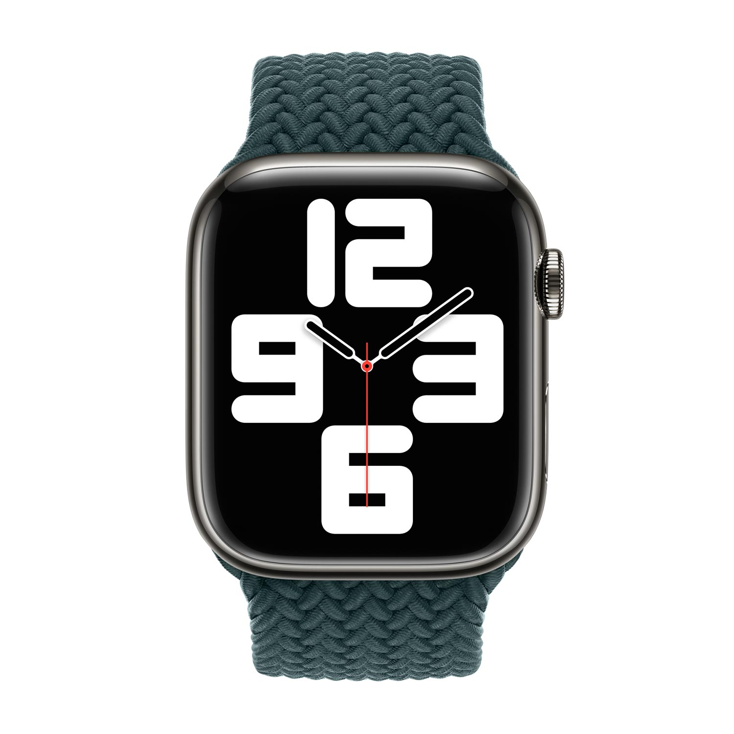 Een donkergroene Apple Watch met een wijzerplaat op volledig scherm op witte achtergrond.