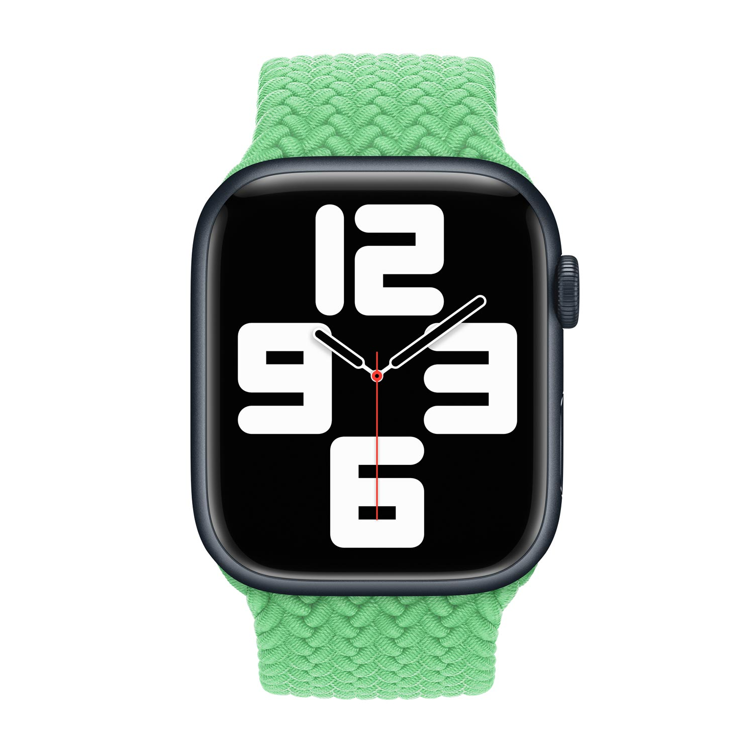 Een groene smartwatch met zwart wijzerplaat en witte cijfers.