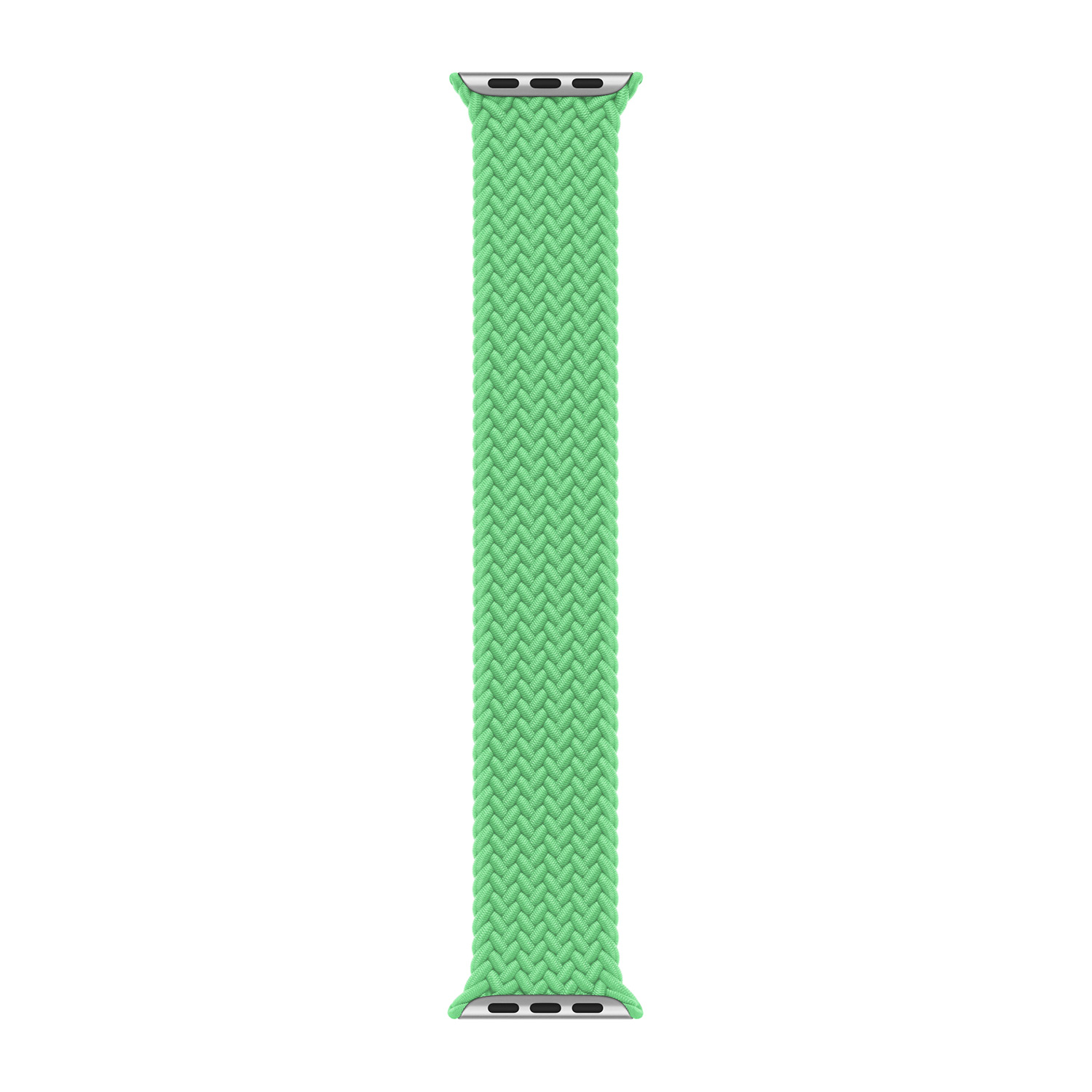 Een lichtgroene gevlochten Apple Watch band met zilveren connectoren.