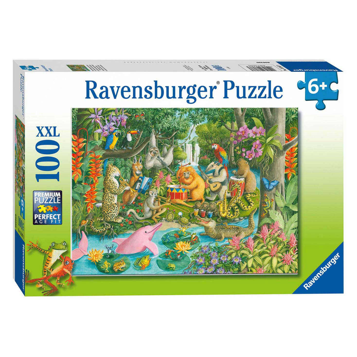 Puzzle Ravensburger przedstawia zwierzęta w dżungli grające muzykę.