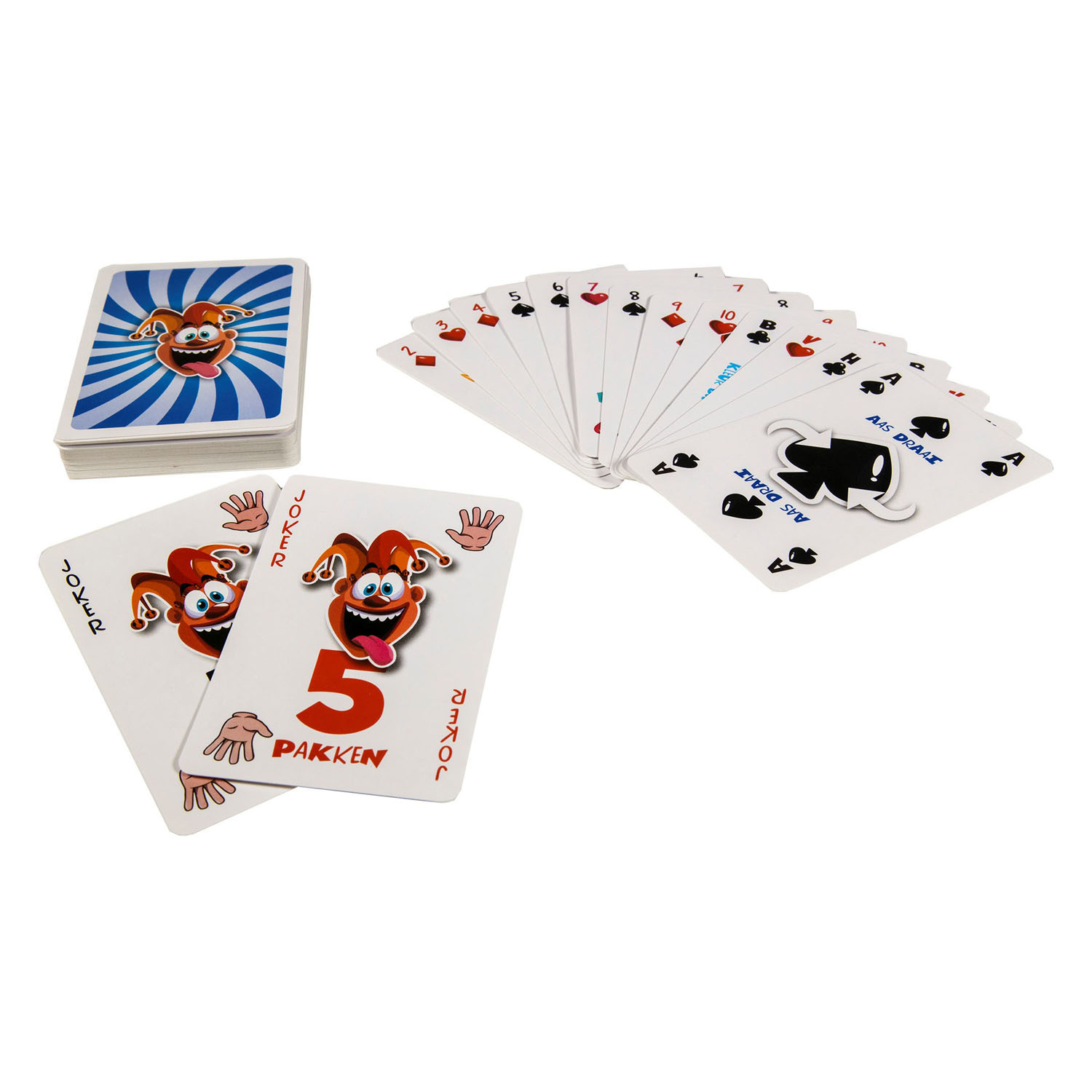 Speelkaarten met jokers en getallen, één kaart toont een 5.