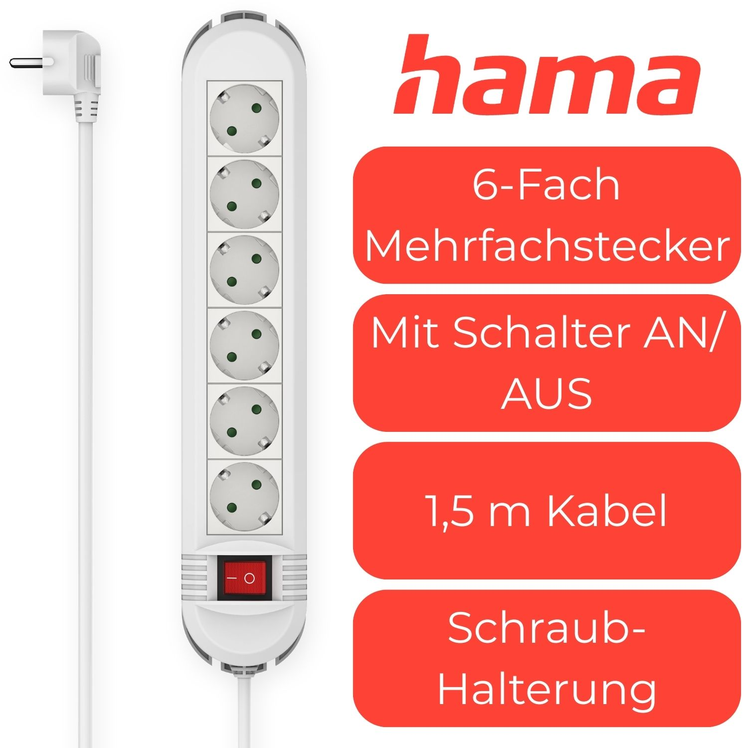 Hama 6-fach Steckerleiste mit Schalter, 1,5m Kabel und Schraubhalterung.