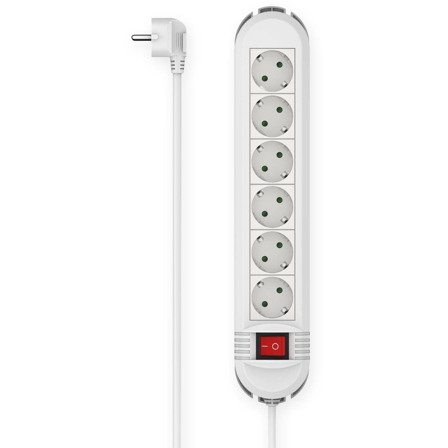 Ein weißer Mehrfachsteckdosenadapter mit sechs Steckplätzen und einem Schalter.