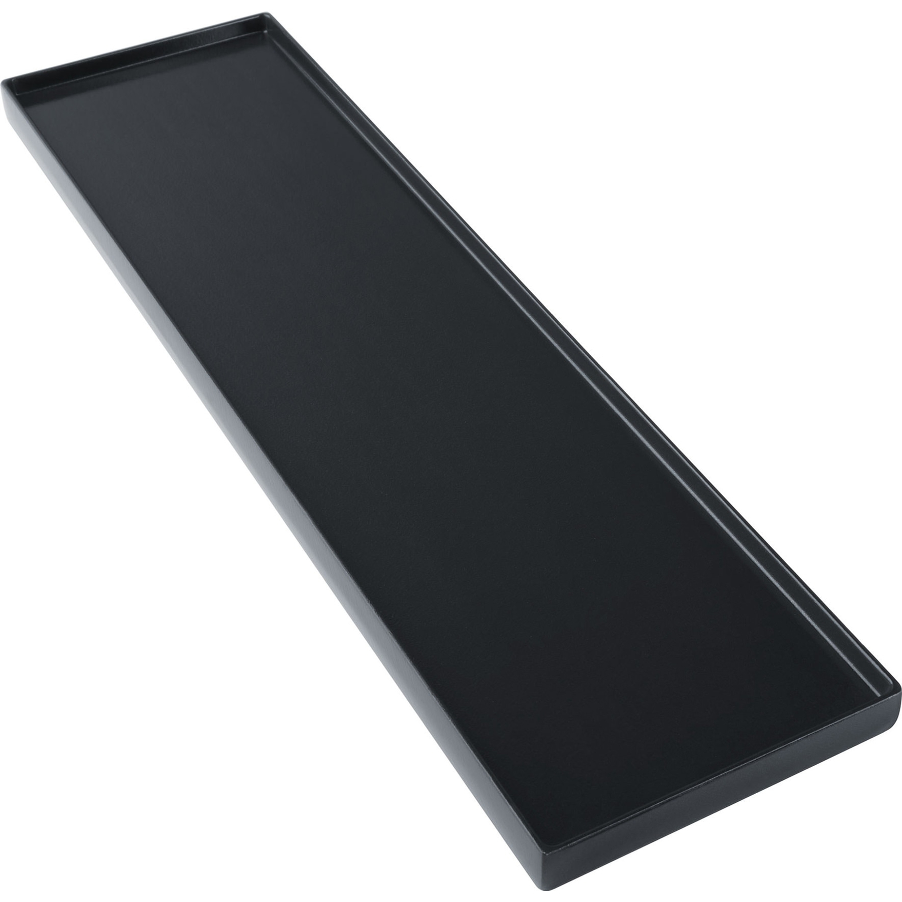 Eine schwarze, rechteckige Ablage mit leicht erhöhten Rändern auf weißem Hintergrund.