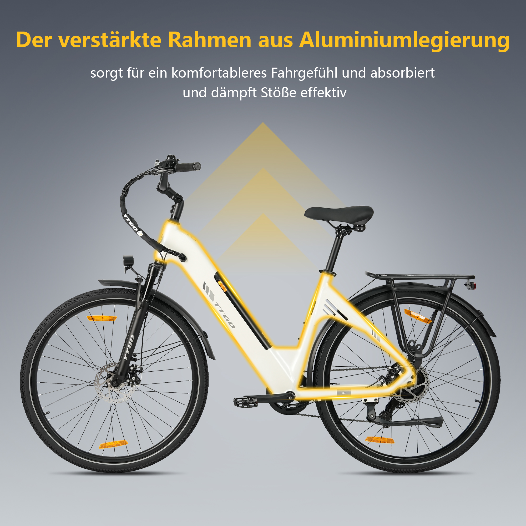 Ein weißes E-Bike mit gelben Akzenten und "TTGO"-Logo steht vor grauem Hintergrund.