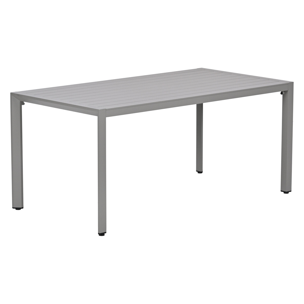 Een grijze rechthoekige tafel met een lamellenblad en vier poten op witte achtergrond.