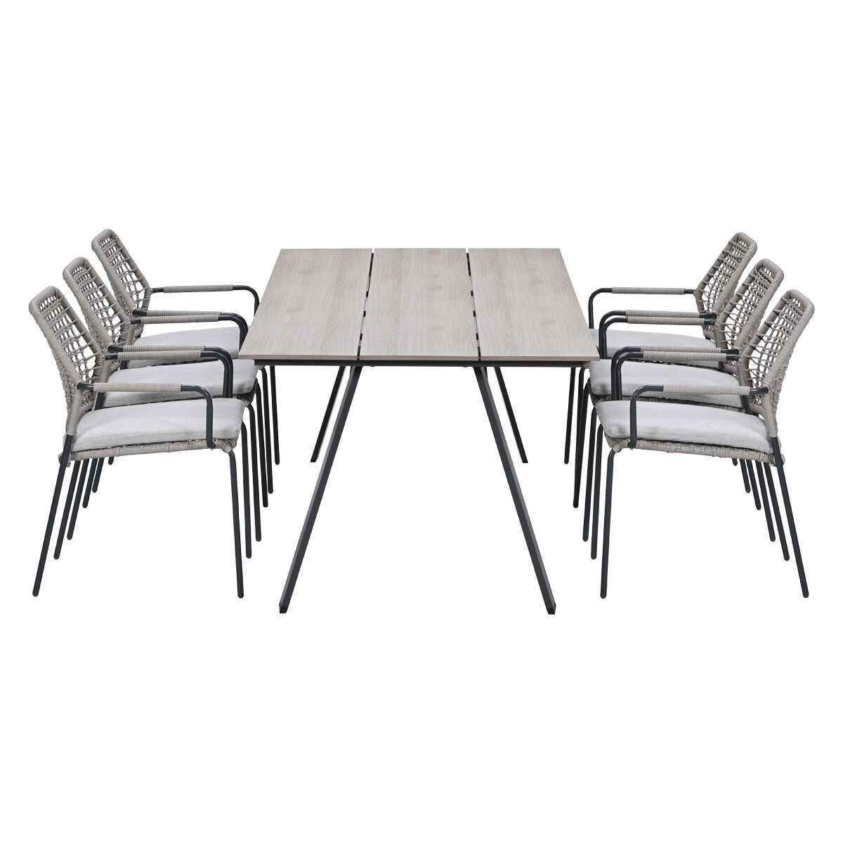 A rectangular table with six grey rattan chairs with white cushions.
