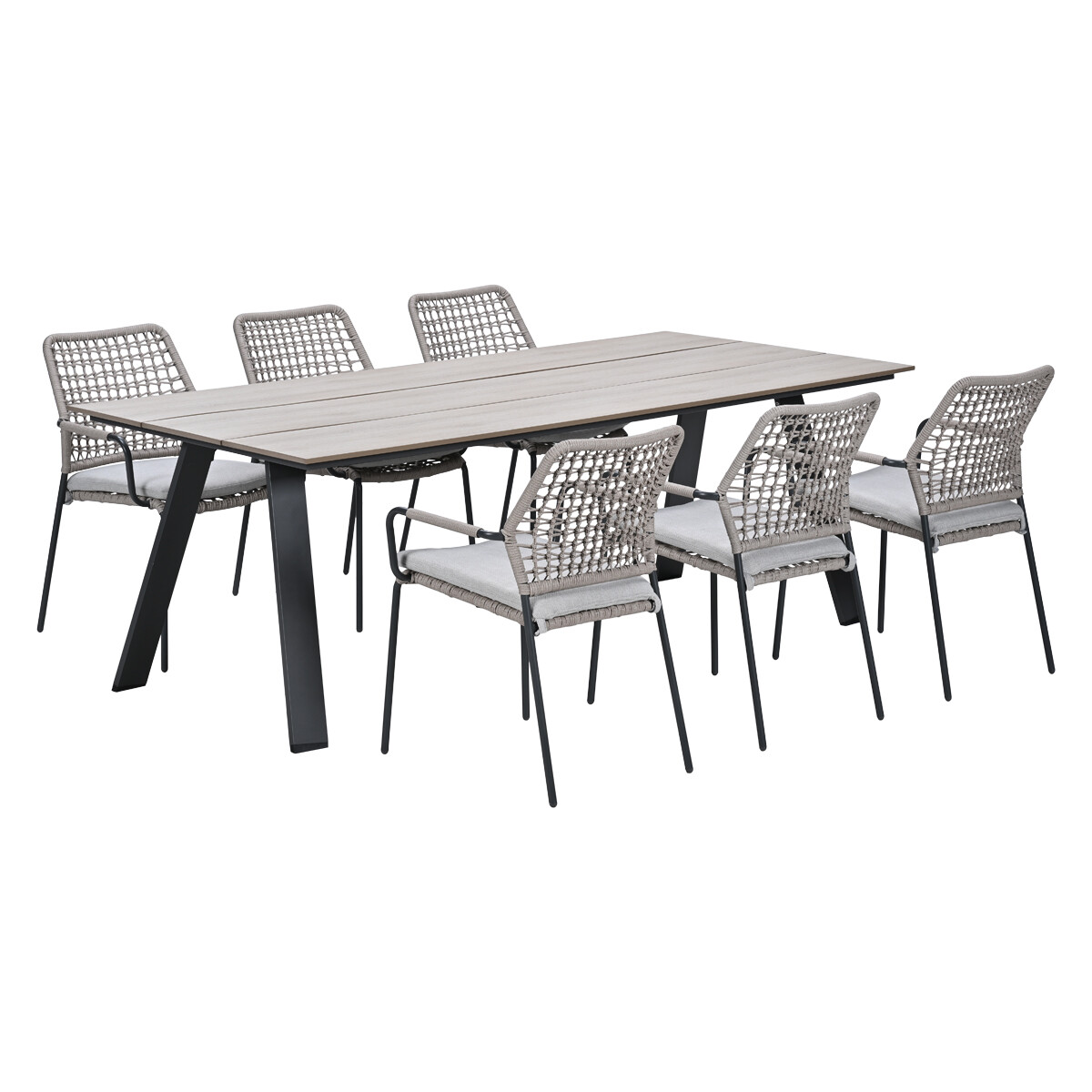 A rectangular table with six chairs, all on a white background.