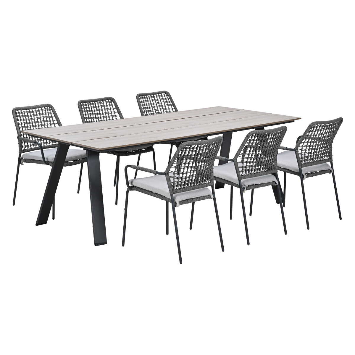 Gray dining table with six chairs, featuring woven wicker and white cushions.