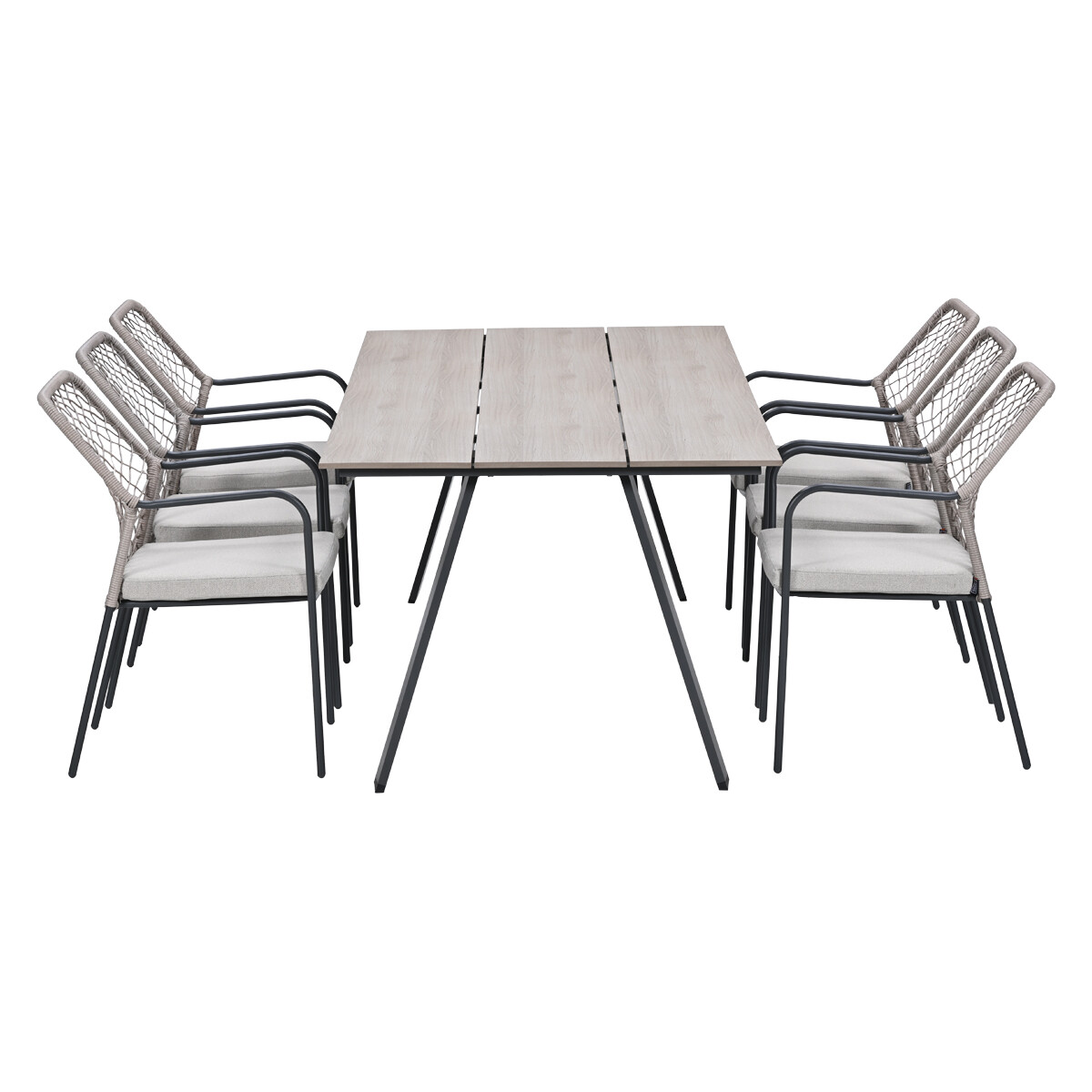 A rectangular table with six chairs, isolated on a white background.
